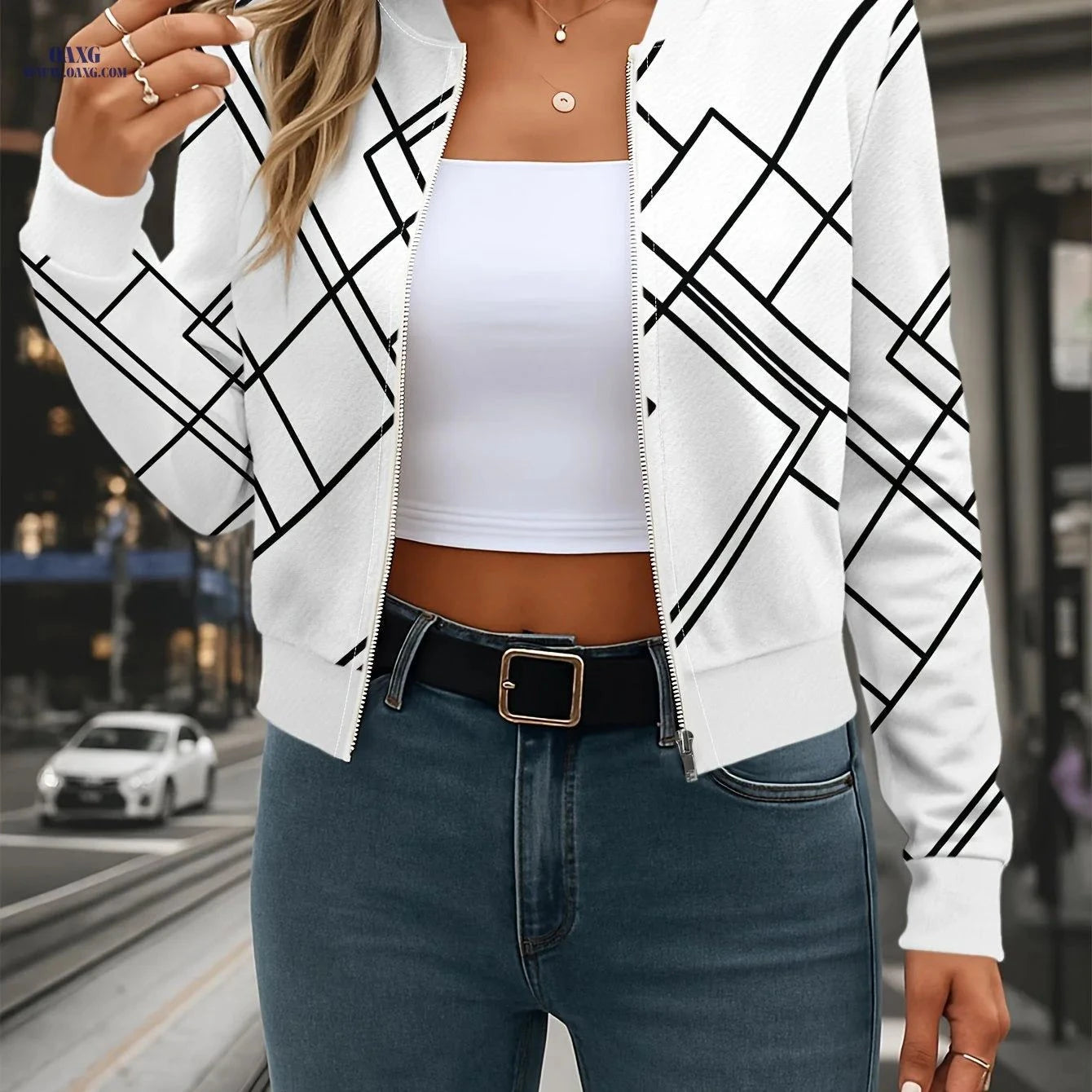 OAXG Women's Casual White Striped High-Waist Baseball Jacket   OAXG White / S