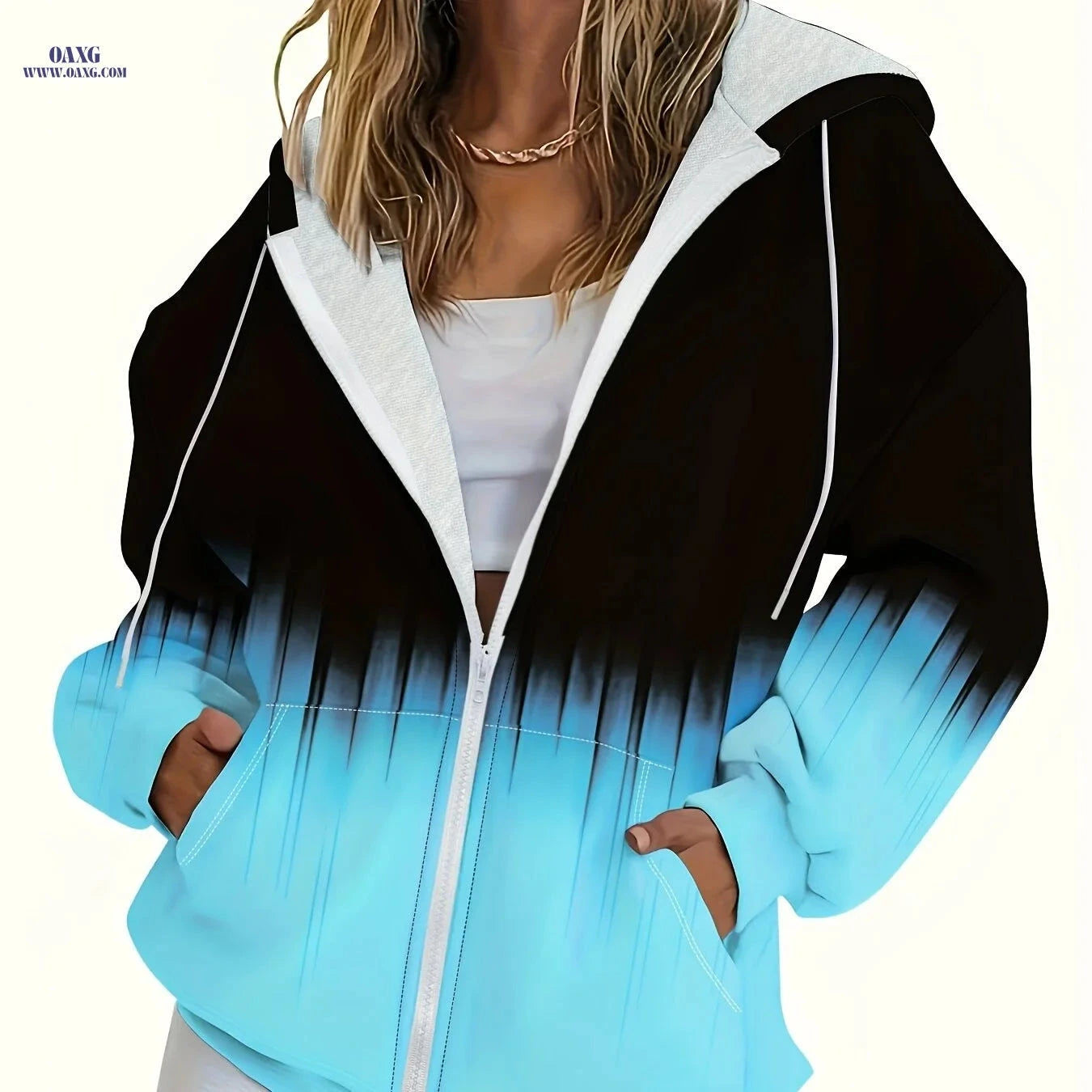 OAXG Women's Casual Zip Hoodie - Color Block & Loosely Fit Top   OAXG 