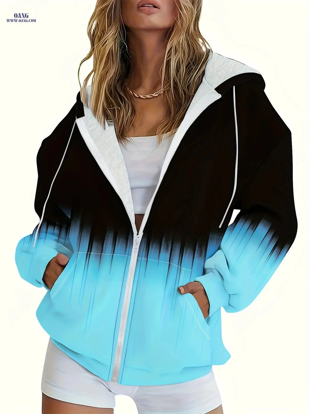 OAXG Women's Casual Zip Hoodie - Color Block & Loosely Fit Top   OAXG 