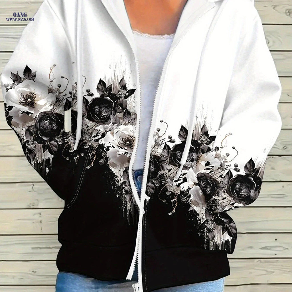 OAXG Women's Casual Zip-Up Hoodie - Elegant All Over Print Design   OAXG 