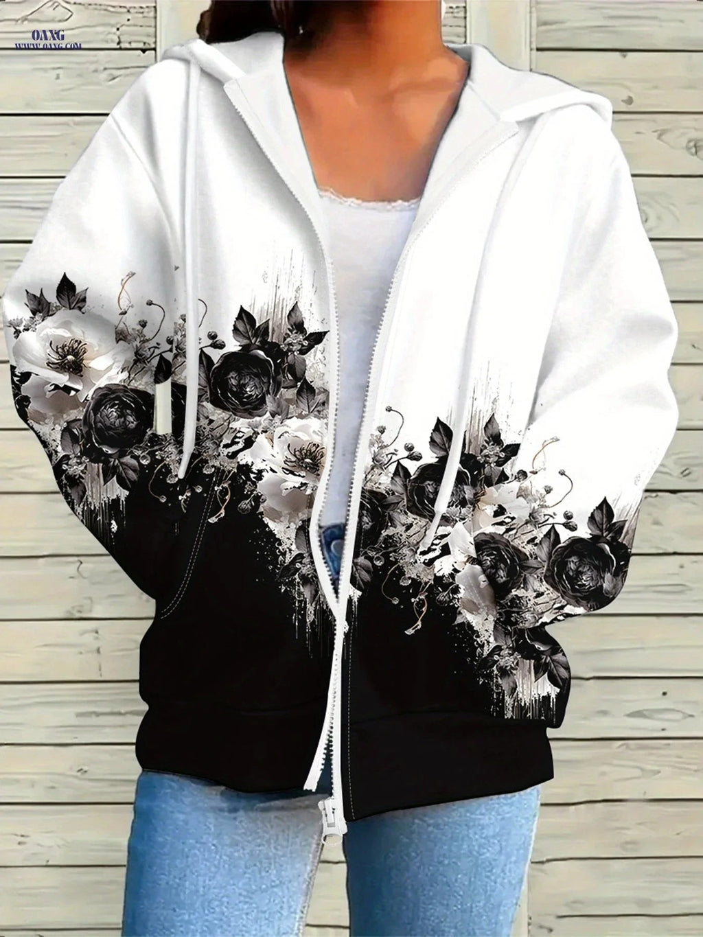 OAXG Women's Casual Zip-Up Hoodie - Elegant All Over Print Design   OAXG 