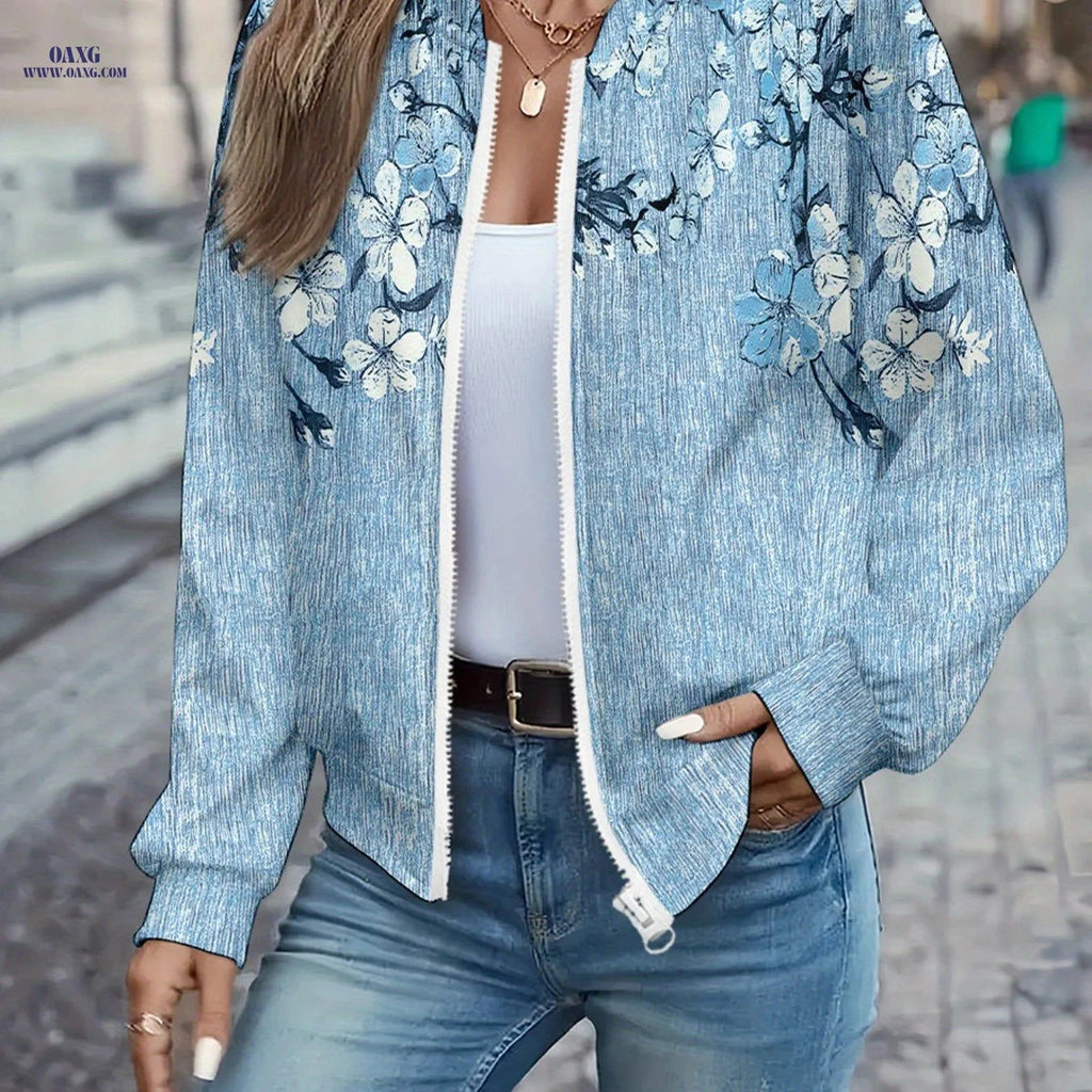 OAXG Women's Casual Zip-Up Hoodie - Elegant All Over Print   OAXG 