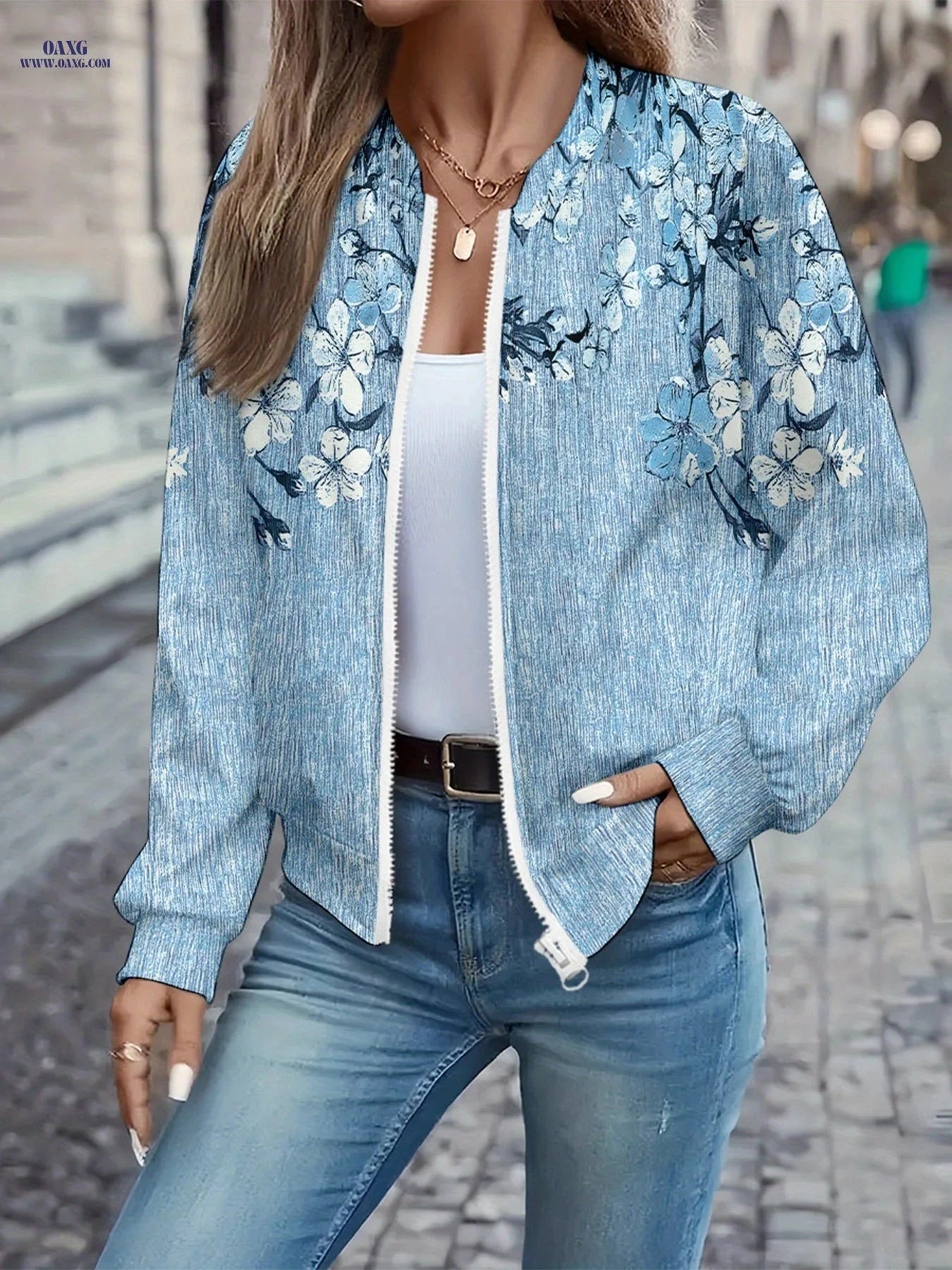 OAXG Women's Casual Zip-Up Hoodie - Elegant All Over Print   OAXG 