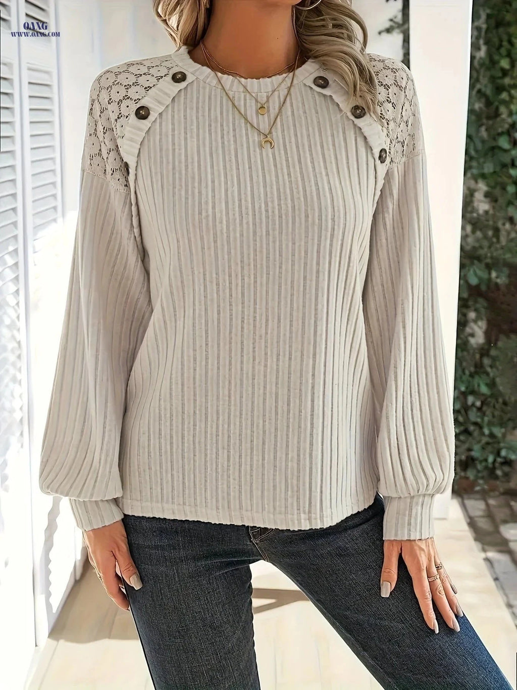 OAXG Women's Contrast Lace Raglan Sleeve Top - Elegant Spring Fashion   OAXG 