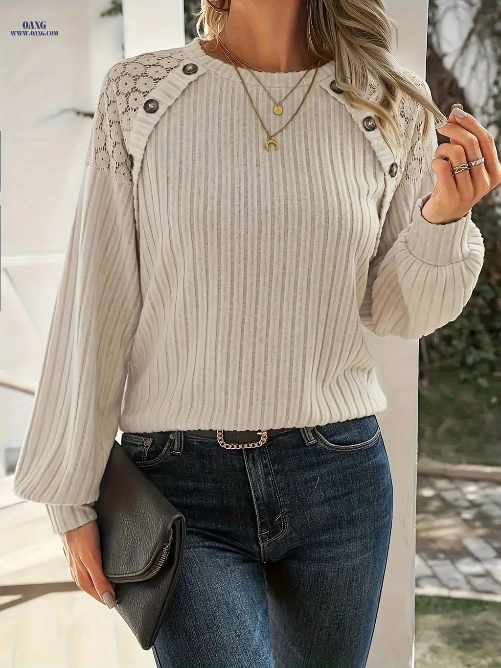OAXG Women's Contrast Lace Raglan Sleeve Top - Elegant Spring Fashion   OAXG 