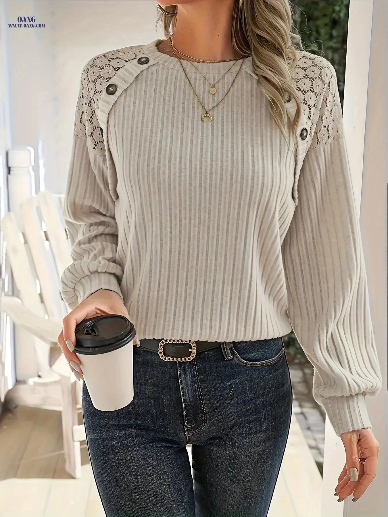 OAXG Women's Contrast Lace Raglan Sleeve Top - Elegant Spring Fashion   OAXG 