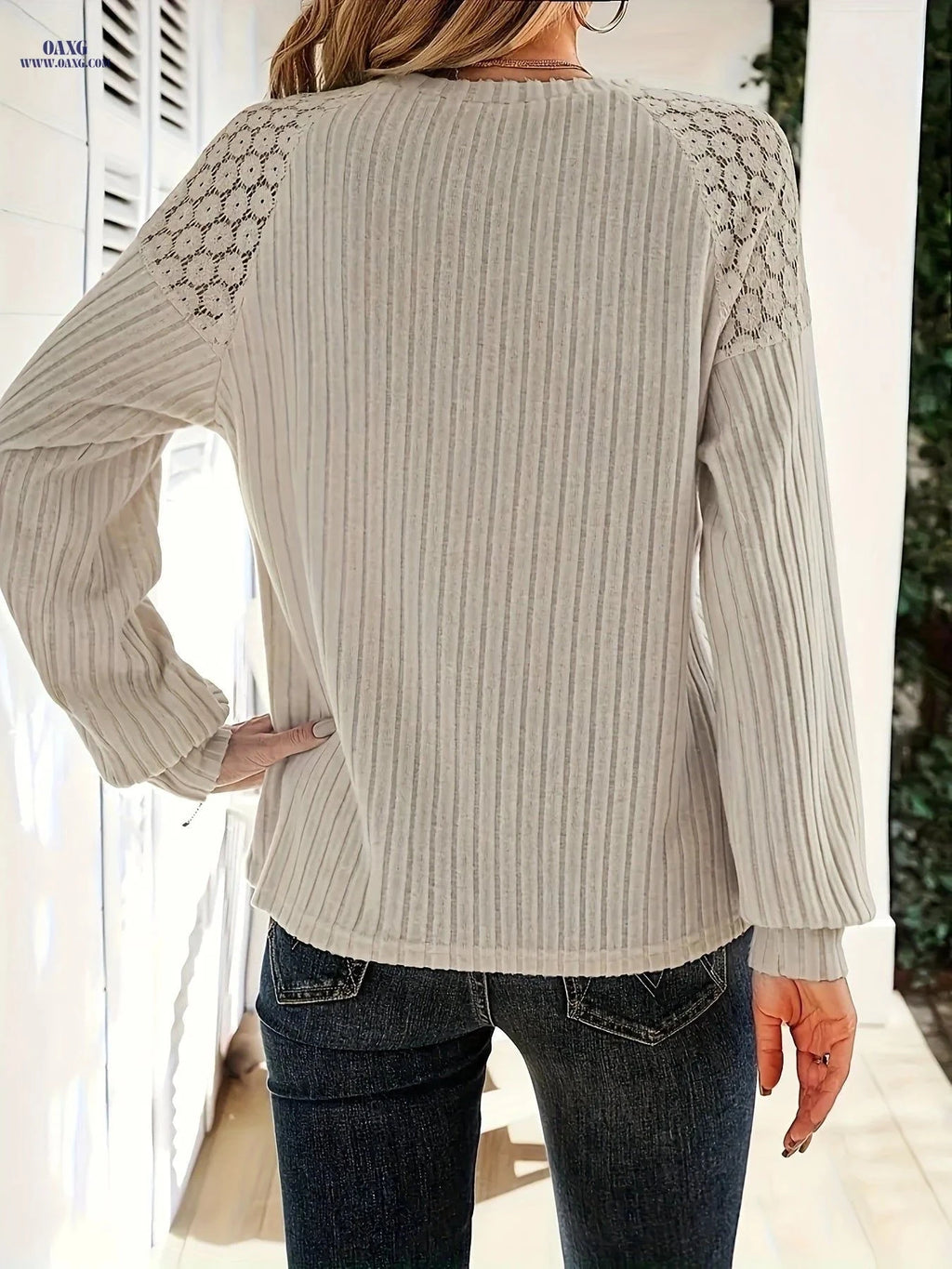 OAXG Women's Contrast Lace Raglan Sleeve Top - Elegant Spring Fashion   OAXG 