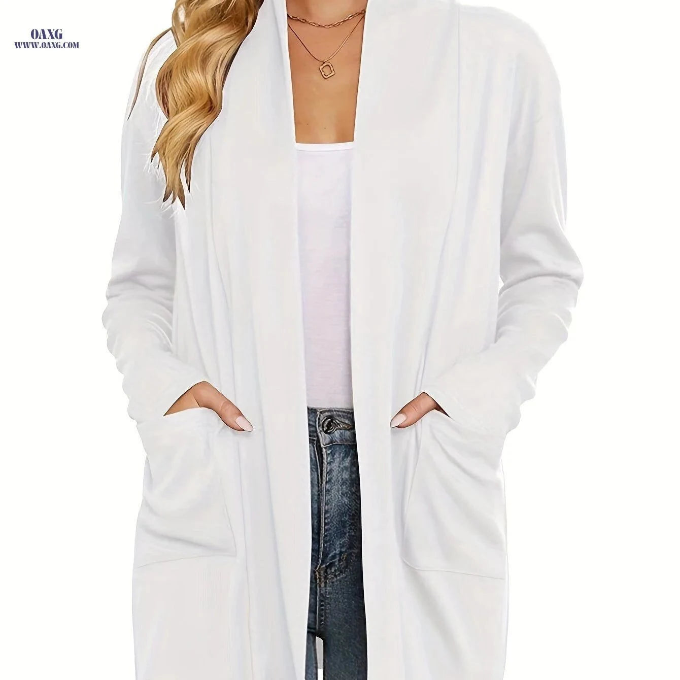 OAXG Women’s Cozy Cardigan - Long Sleeve with Pockets, Light Blue   OAXG White / S