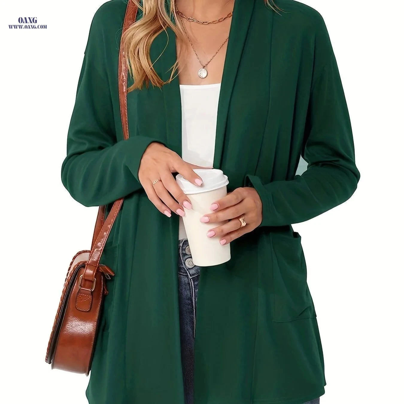 OAXG Women’s Cozy Cardigan - Long Sleeve with Pockets, Light Blue   OAXG White / S