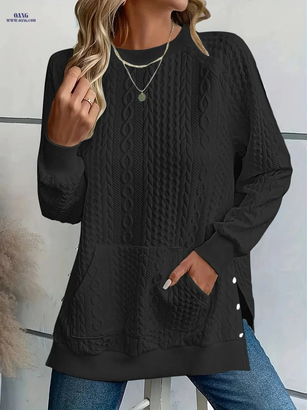 OAXG Women's Crew Neck Sweatshirt - Textured Side Split Design   OAXG 