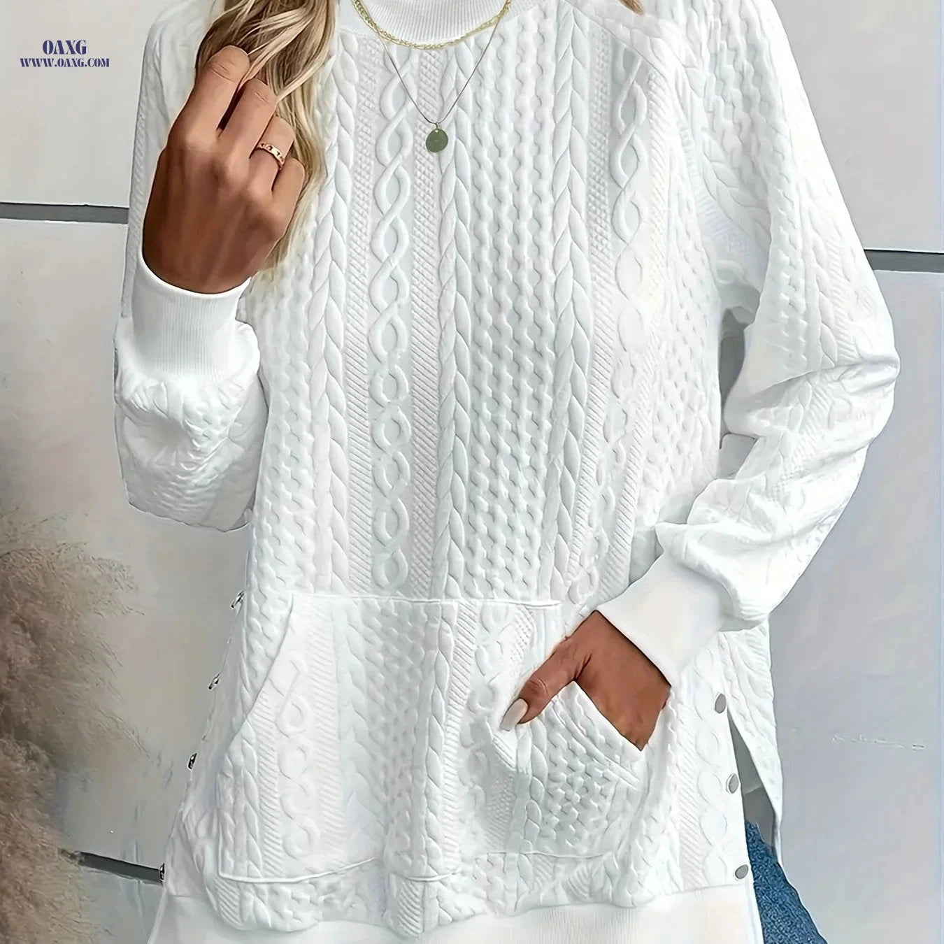 OAXG Women's Crew Neck Sweatshirt - Textured Side Split Design   OAXG 