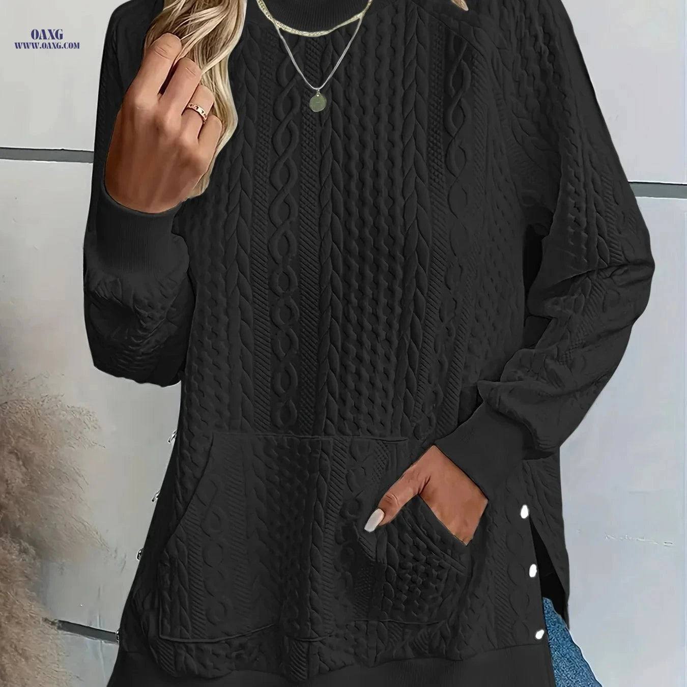OAXG Women's Crew Neck Sweatshirt - Textured Side Split Design   OAXG 