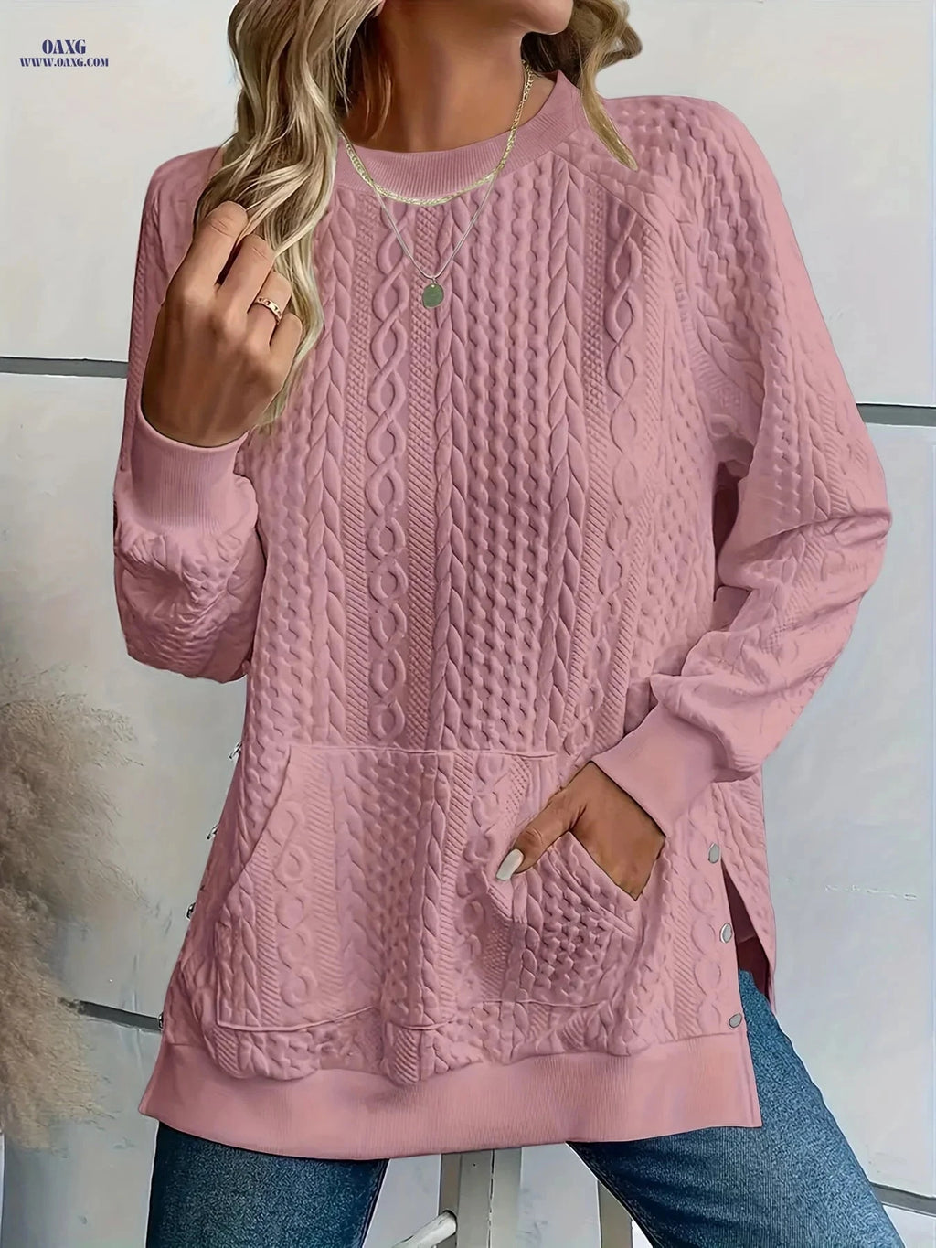 OAXG Women's Crew Neck Sweatshirt - Textured Side Split Design   OAXG 