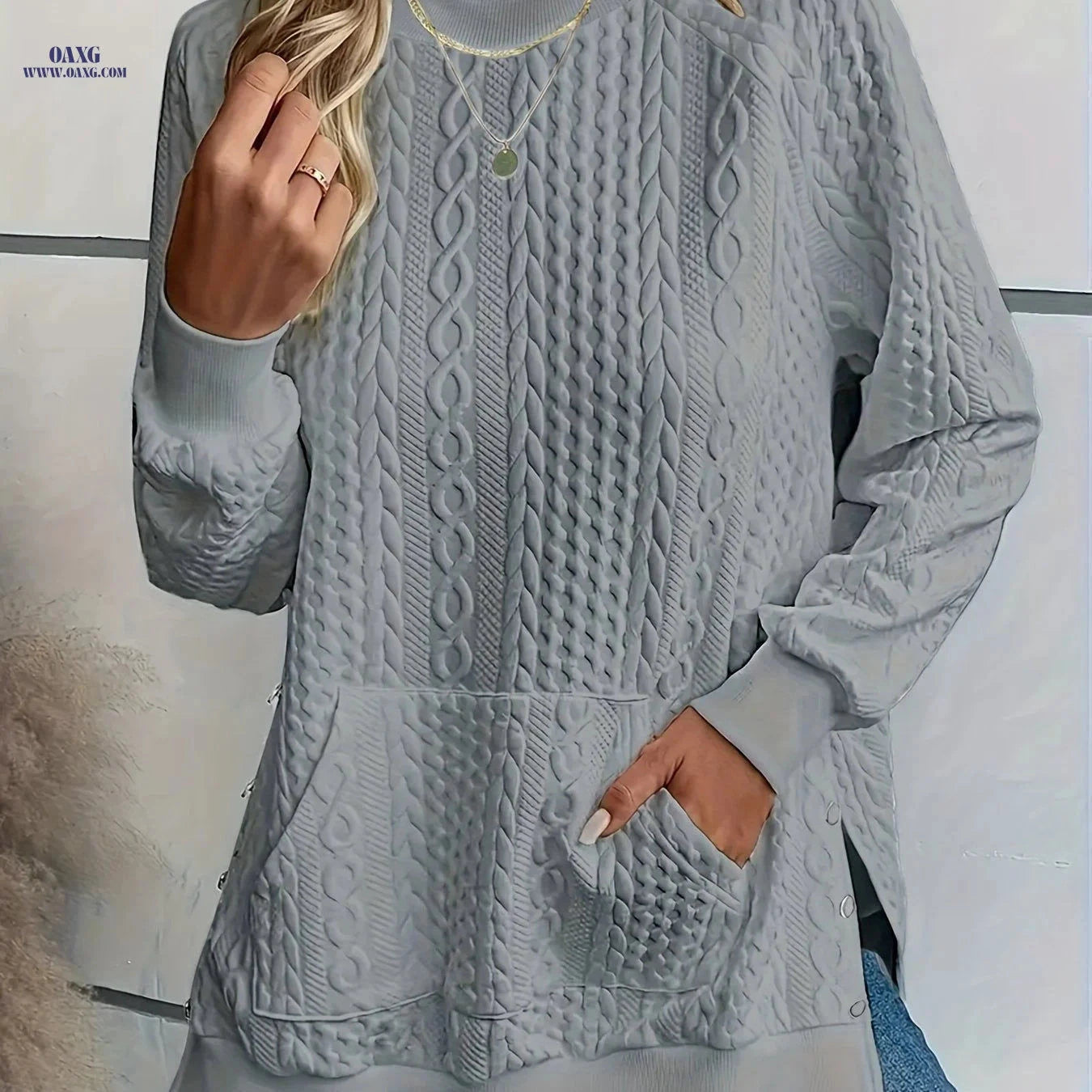 OAXG Women's Crew Neck Sweatshirt - Textured Side Split Design   OAXG 