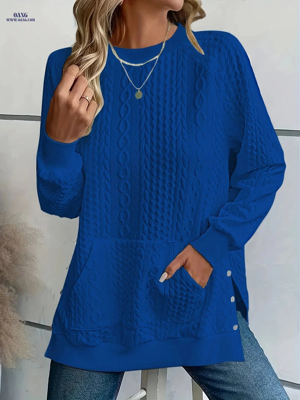 OAXG Women's Crew Neck Sweatshirt - Textured Side Split Design   OAXG 