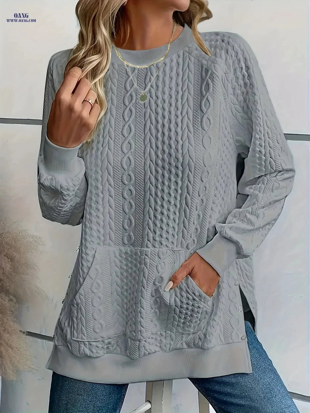 OAXG Women's Crew Neck Sweatshirt - Textured Side Split Design   OAXG 