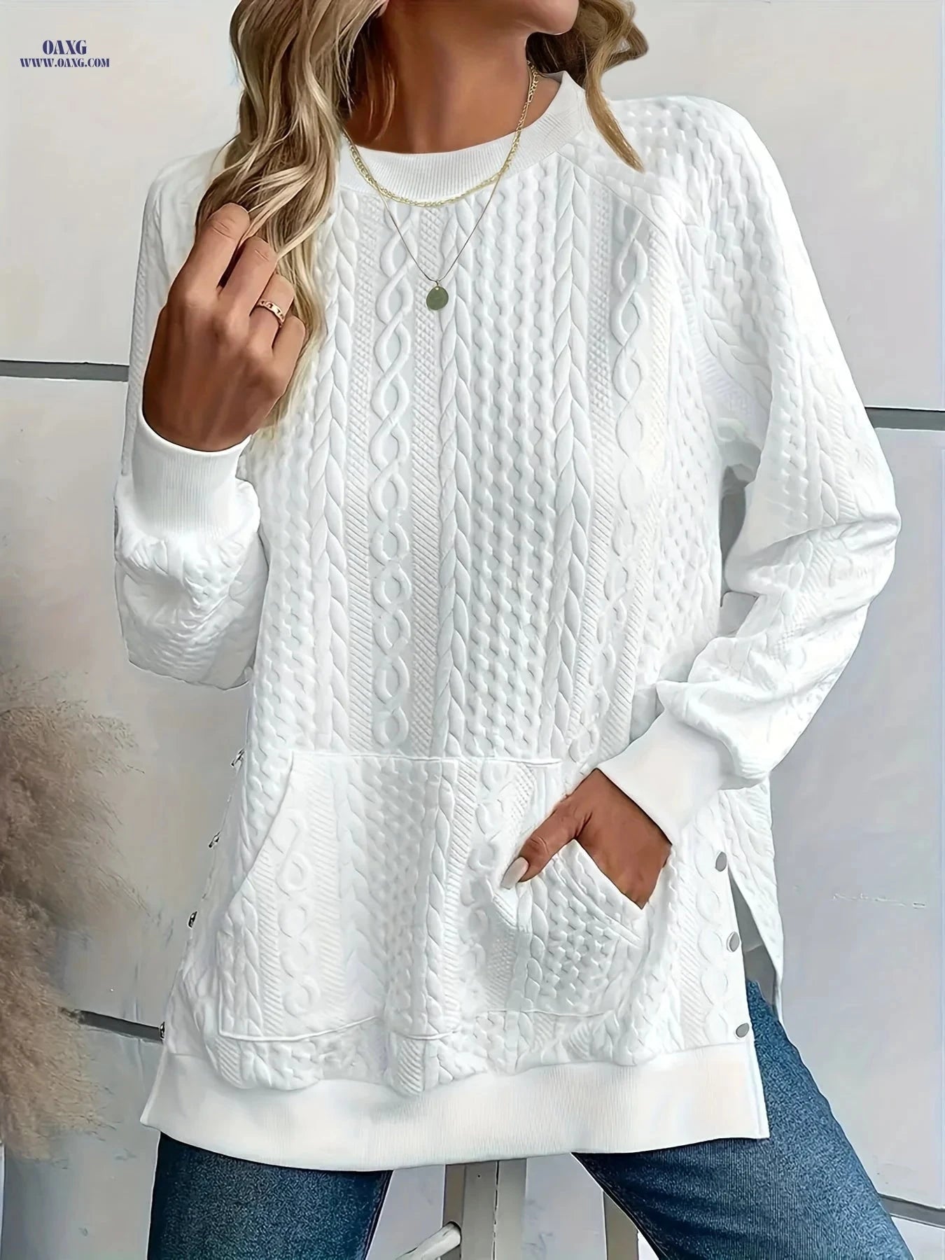 OAXG Women's Crew Neck Sweatshirt - Textured Side Split Design   OAXG 