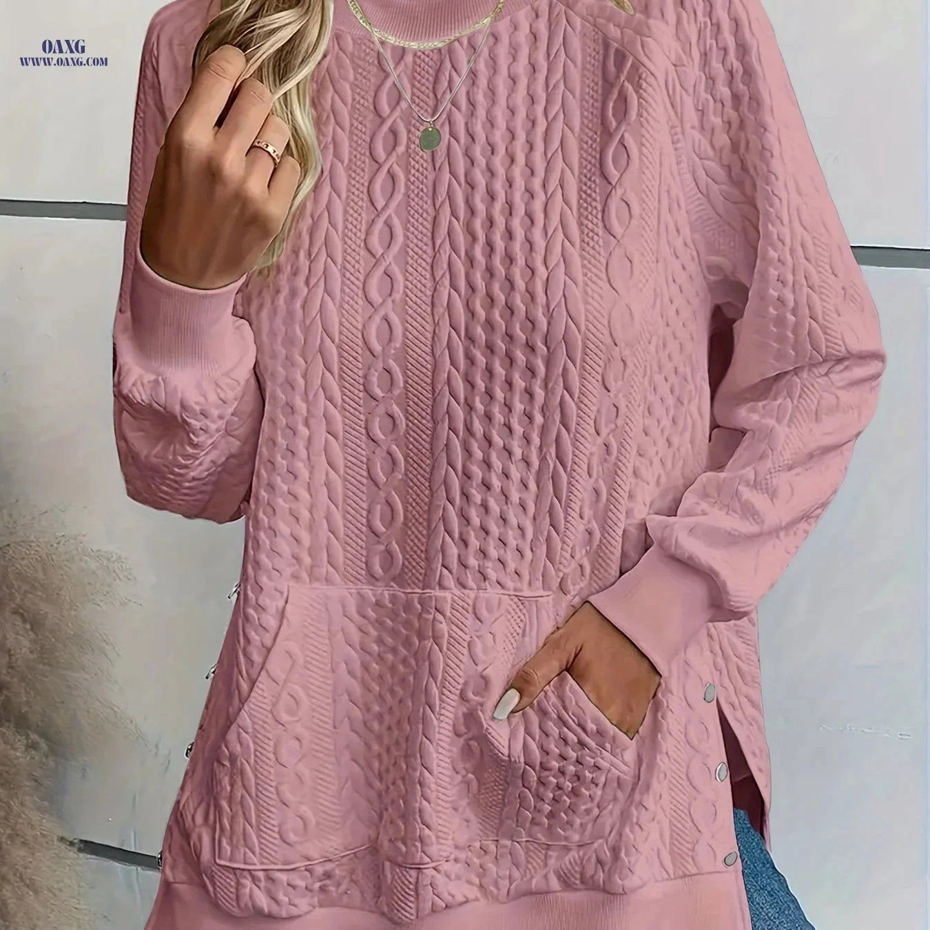 OAXG Women's Crew Neck Sweatshirt - Textured Side Split Design   OAXG 