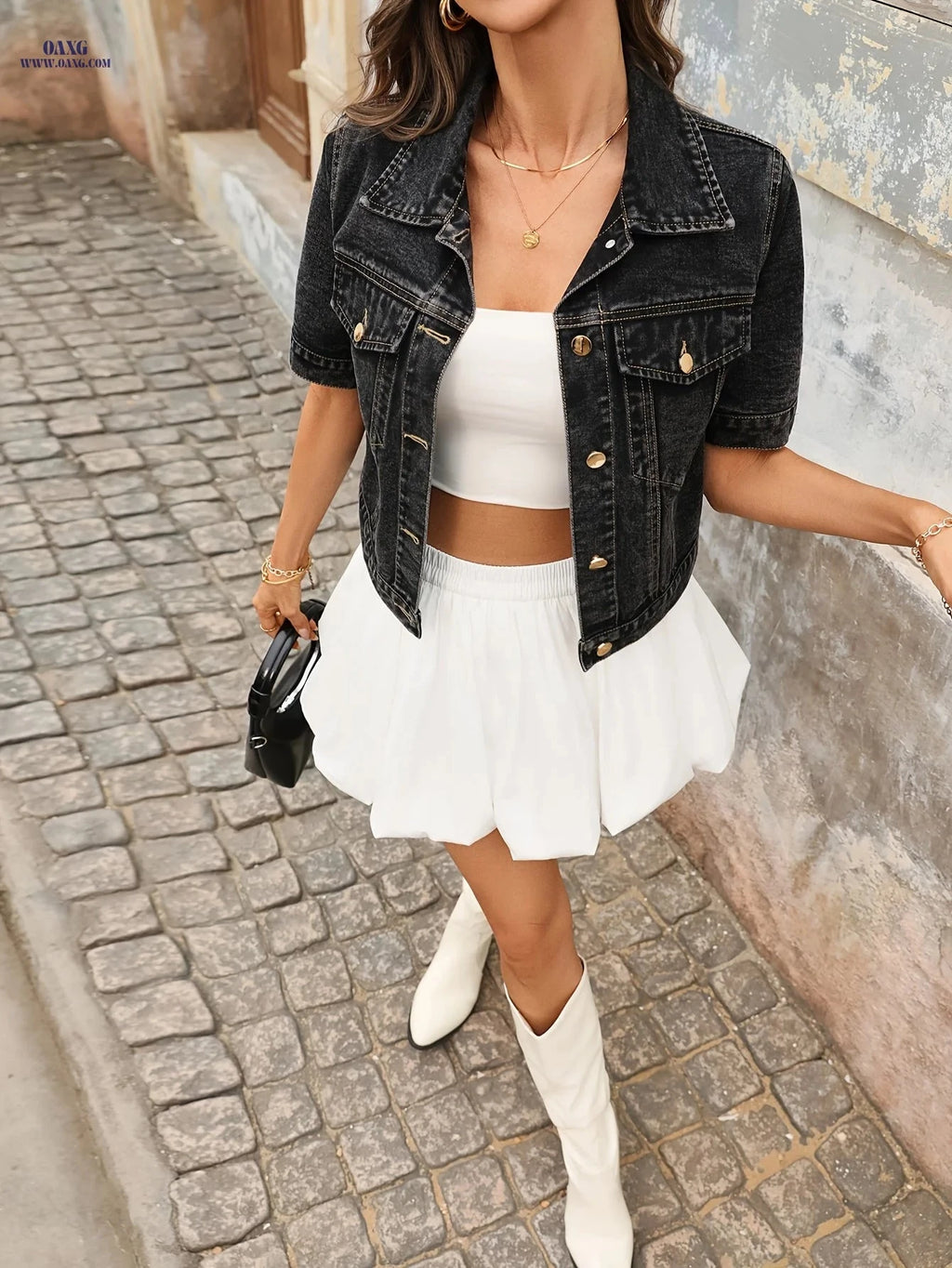 OAXG Women's Cropped Denim Jacket - Elegant & Casual Spring Style   OAXG 