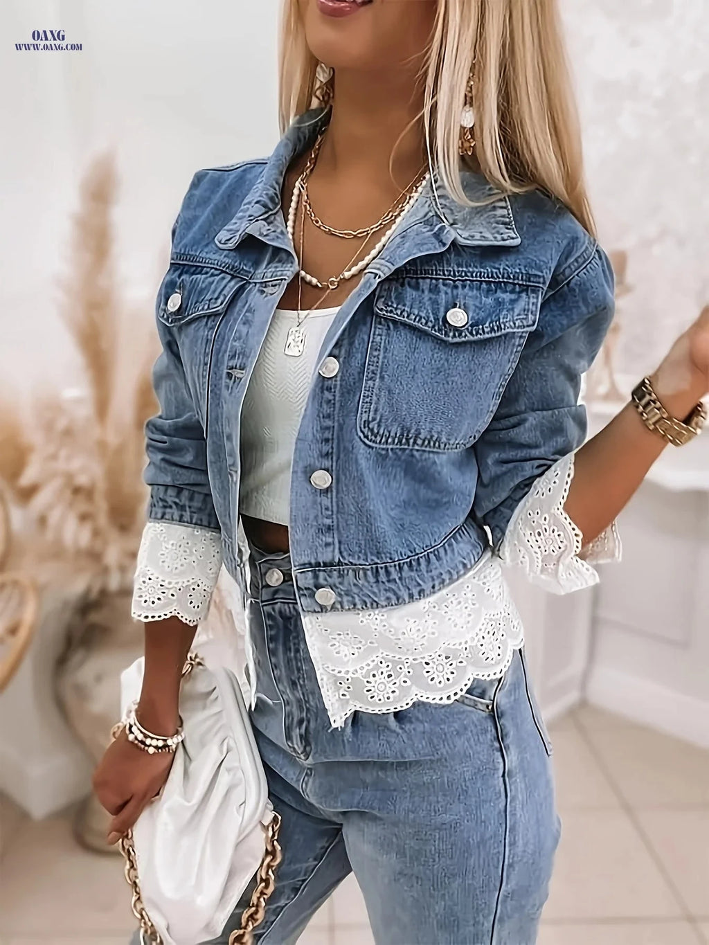 OAXG Women's Cropped Denim Jacket - Lace Trim, Long Sleeve Style   OAXG 