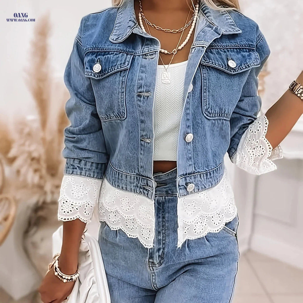 OAXG Women's Cropped Denim Jacket - Lace Trim, Long Sleeve Style   OAXG 