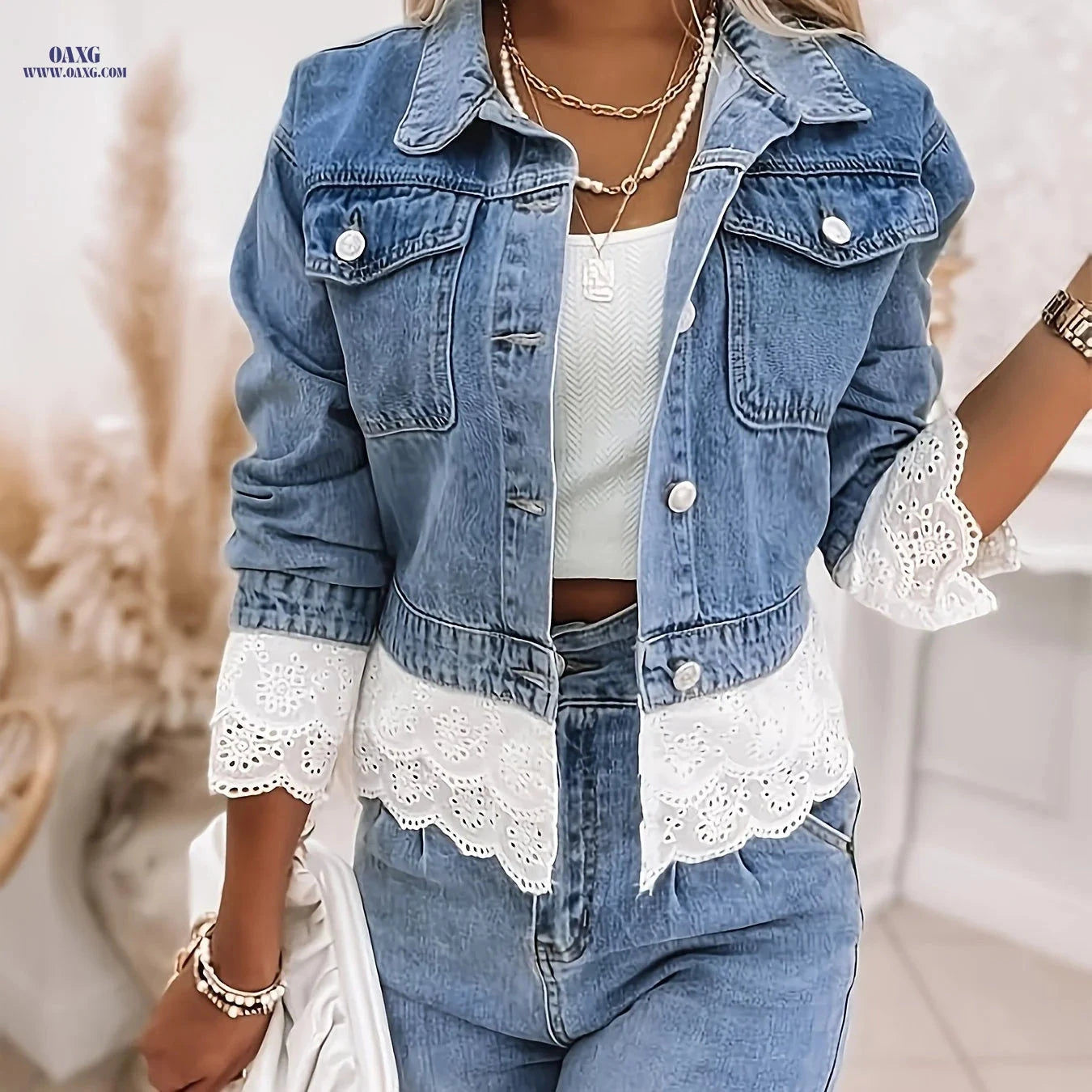 OAXG Women's Cropped Denim Jacket - Lace Trim, Long Sleeve Style   OAXG 