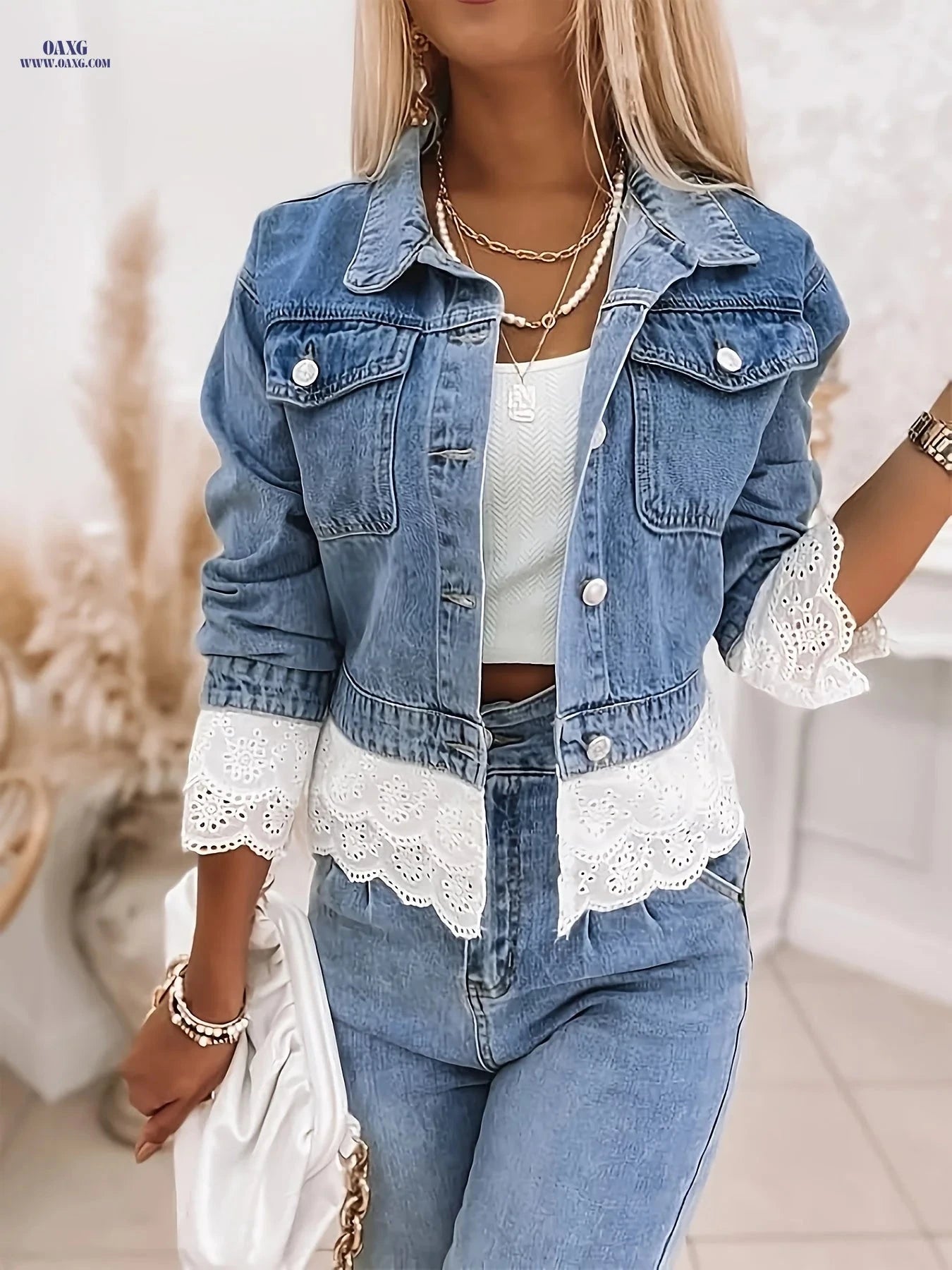 OAXG Women's Cropped Denim Jacket - Lace Trim, Long Sleeve Style   OAXG 
