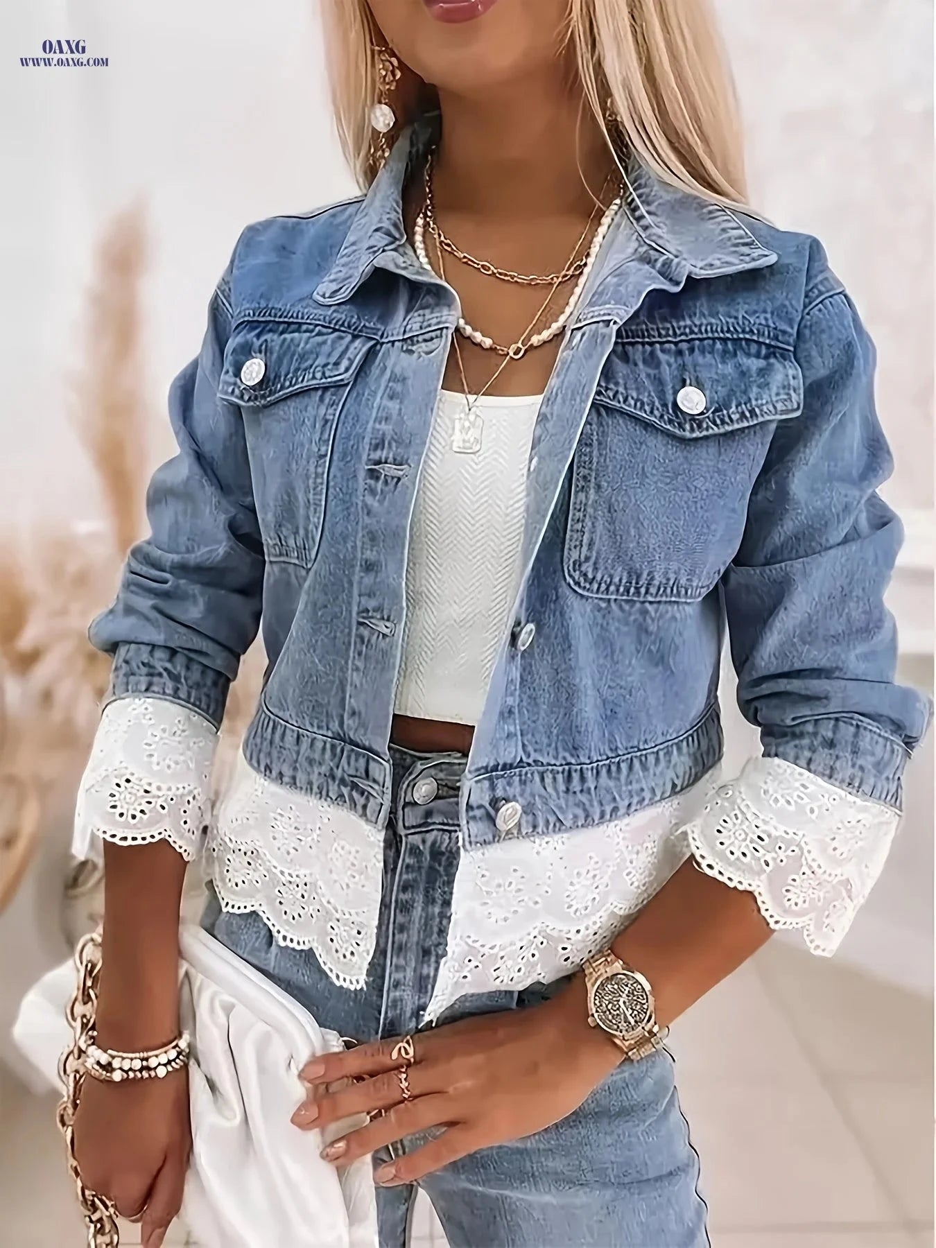 OAXG Women's Cropped Denim Jacket - Lace Trim, Long Sleeve Style   OAXG 
