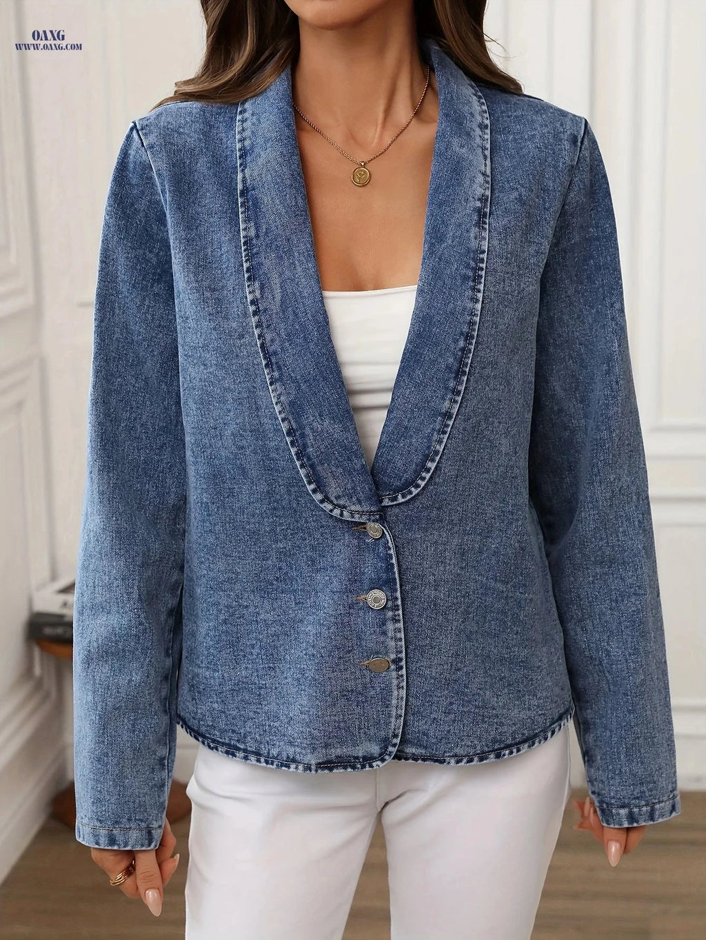 OAXG Women's Denim Blazer - Elegant Spring/Fall Jacket, Machine Washable   OAXG 