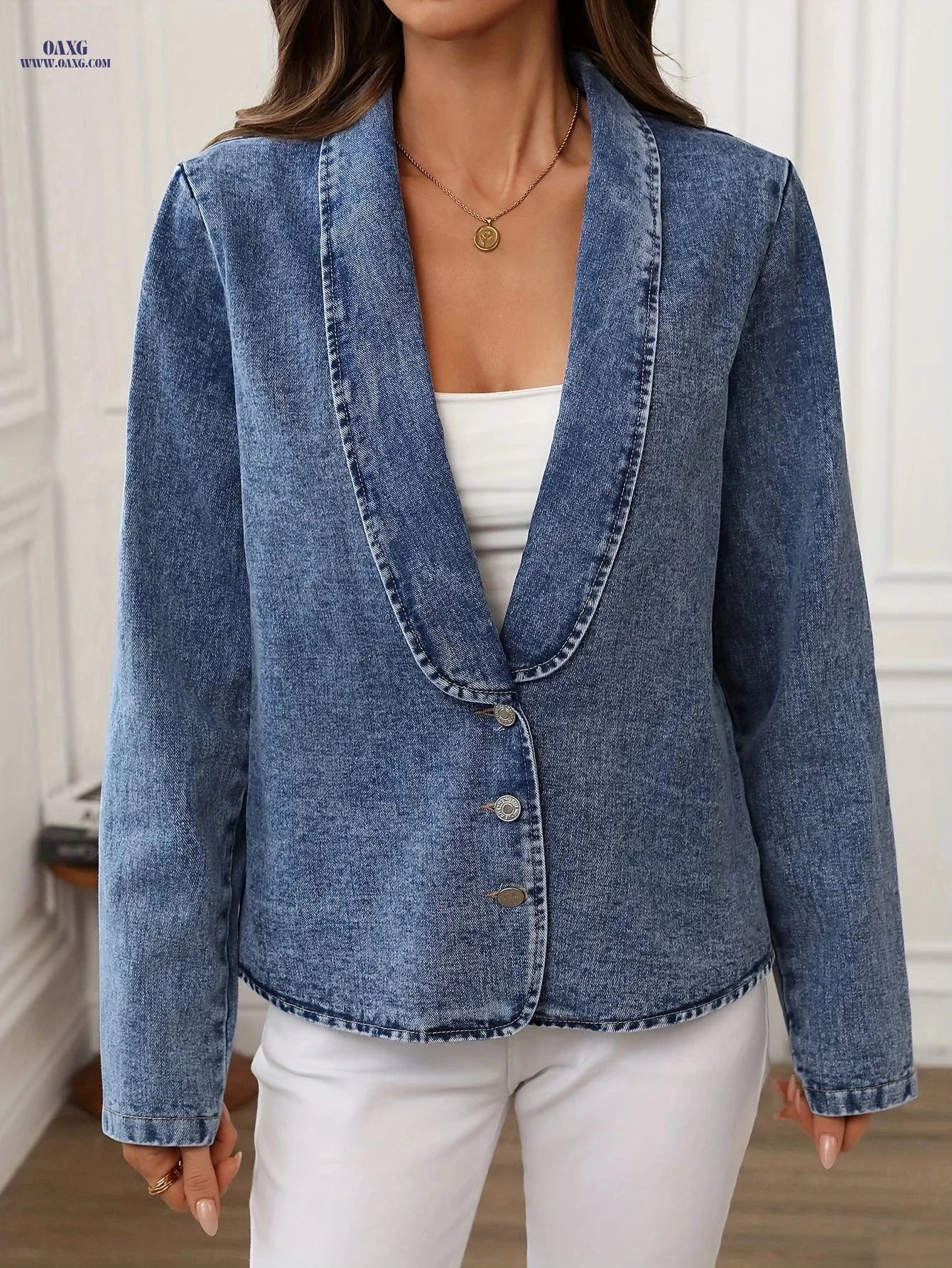 OAXG Women's Denim Blazer - Elegant Spring/Fall Jacket, Machine Washable   OAXG 