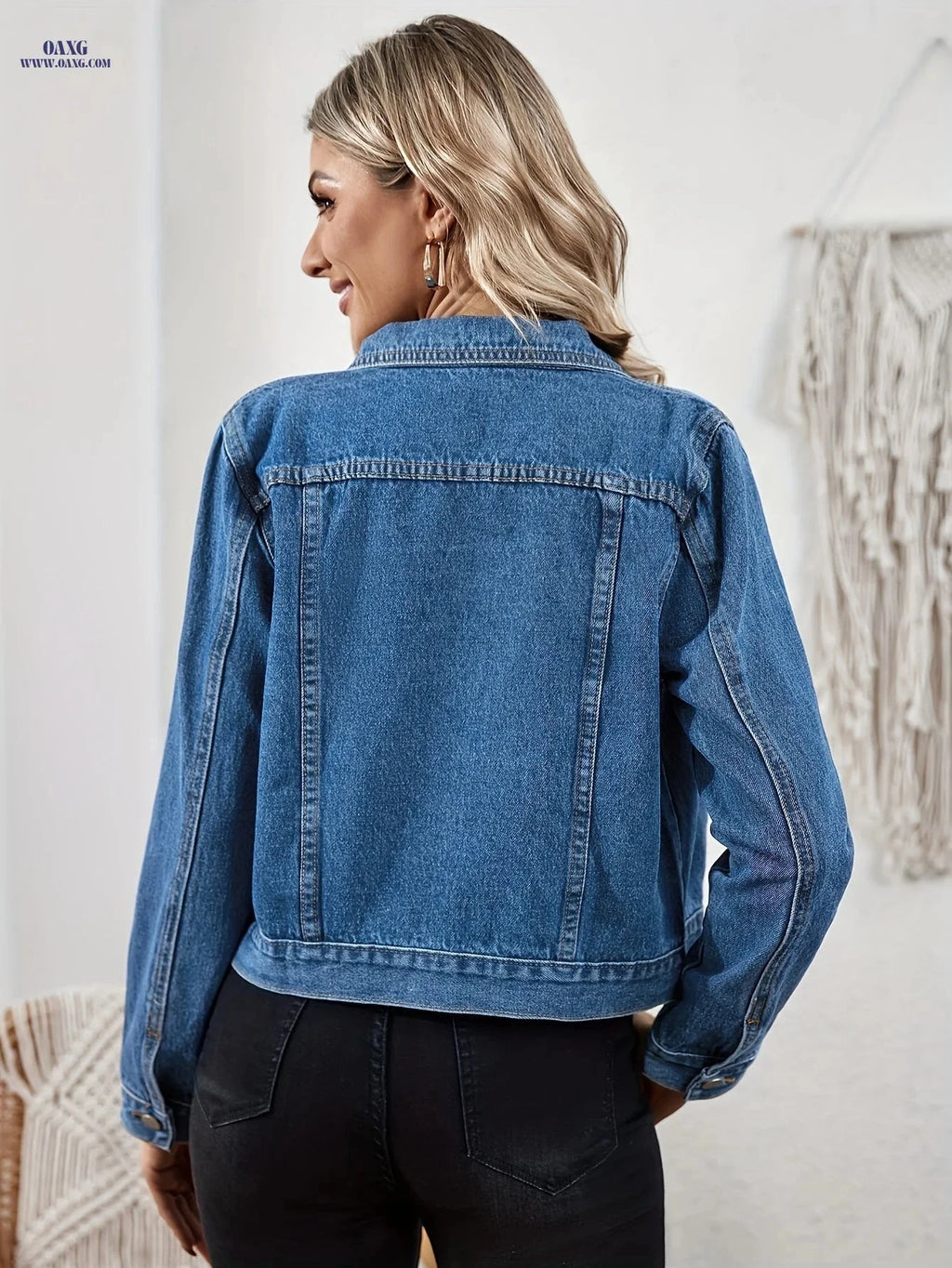 OAXG Women's Denim Jacket - Casual Solid Color for Spring/Fall   OAXG 