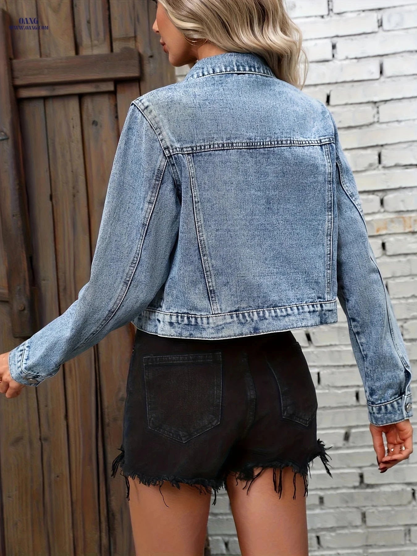 OAXG Women's Denim Jacket - Loose Fit with Short Lapel Design   OAXG 