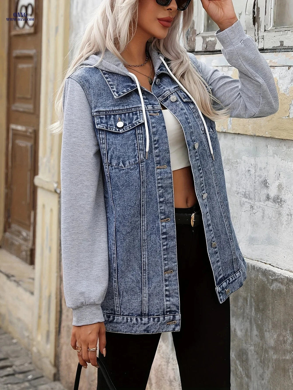 OAXG Women's Denim Jacket - Loose-Fitting Hooded Design for Spring/Fall   OAXG 