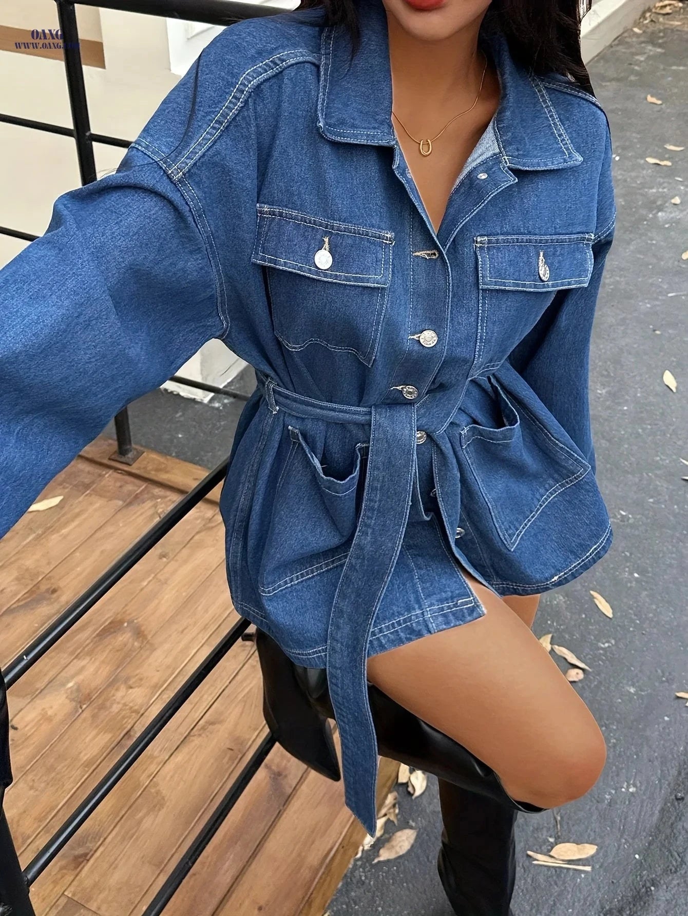 OAXG Women’s Denim Jacket - Midi Length, Button Collar, Casual Style   OAXG 
