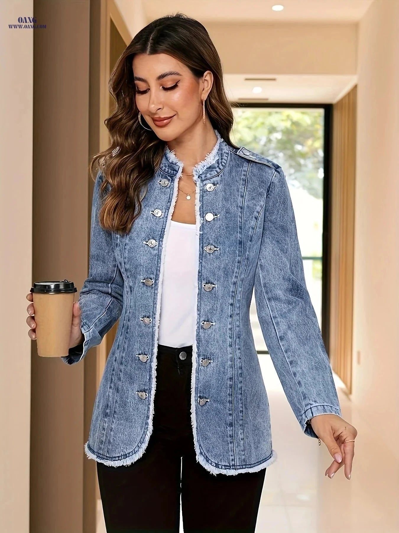OAXG Women's Denim Jacket - Retro Tassel Design for Fall/Winter   OAXG Light Blue / S