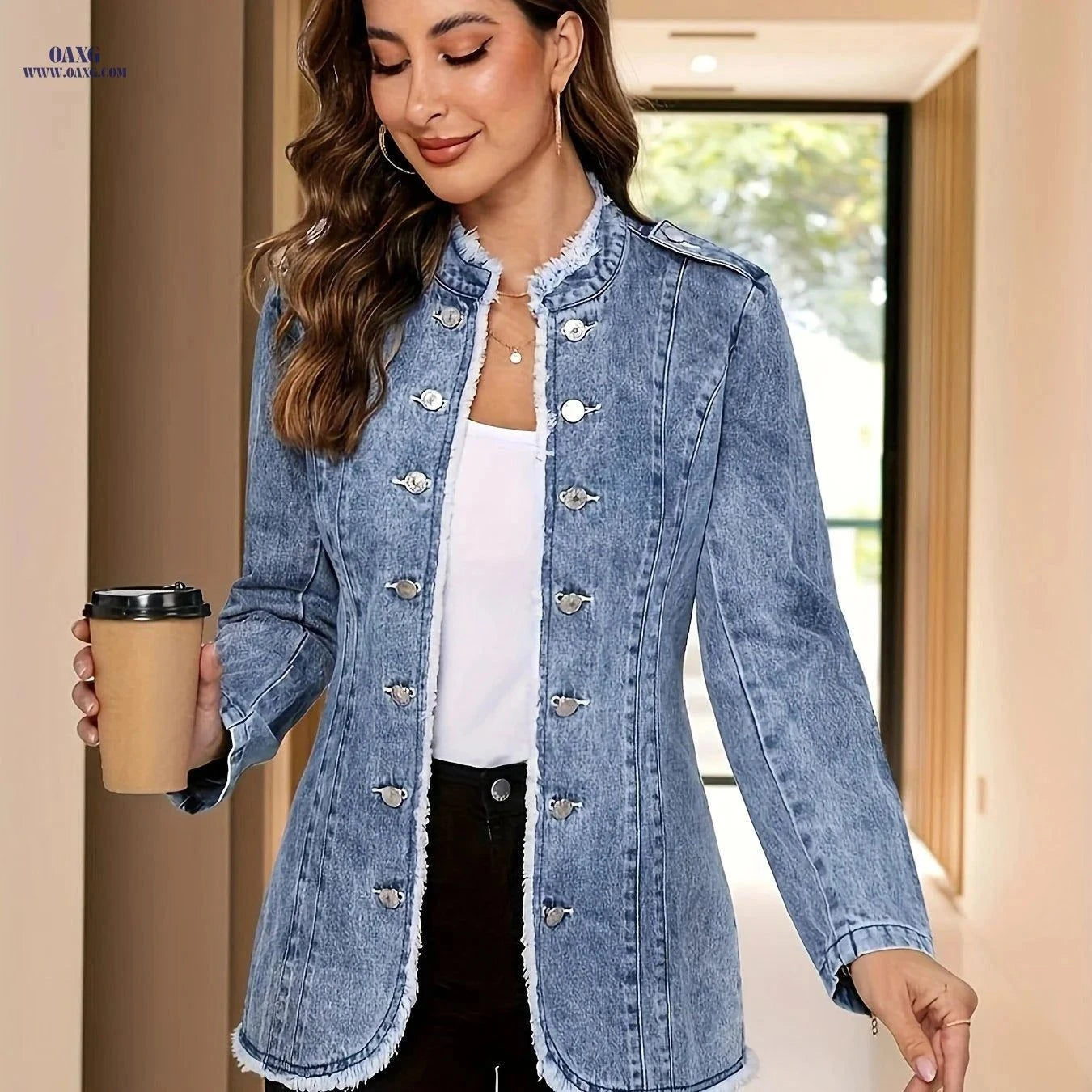 OAXG Women's Denim Jacket - Retro Tassel Design for Fall/Winter   OAXG Light Blue / S
