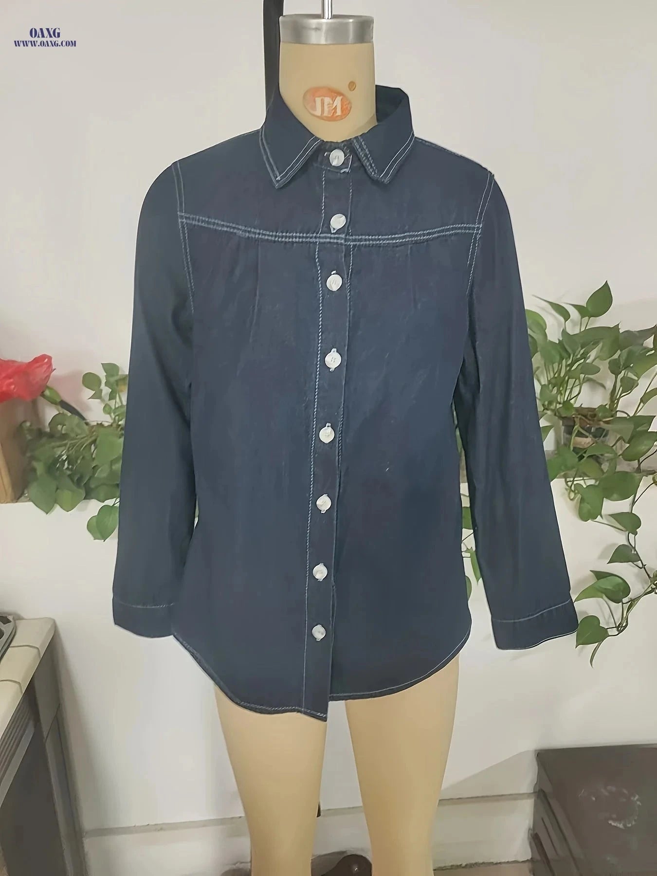 OAXG Women's Denim Jacket Shirt - Elegant Long Sleeve Top for Spring   OAXG 