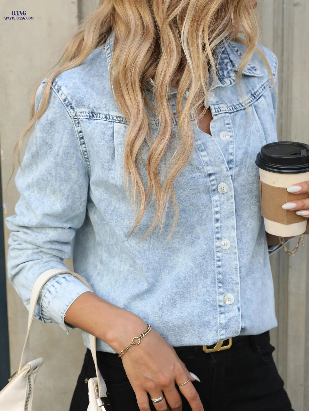 OAXG Women's Denim Jacket Shirt - Elegant Long Sleeve Top for Spring   OAXG 