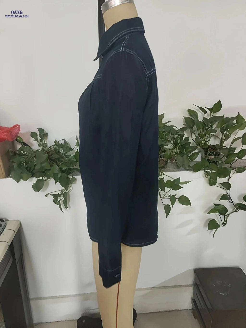 OAXG Women's Denim Jacket Shirt - Elegant Long Sleeve Top for Spring   OAXG 