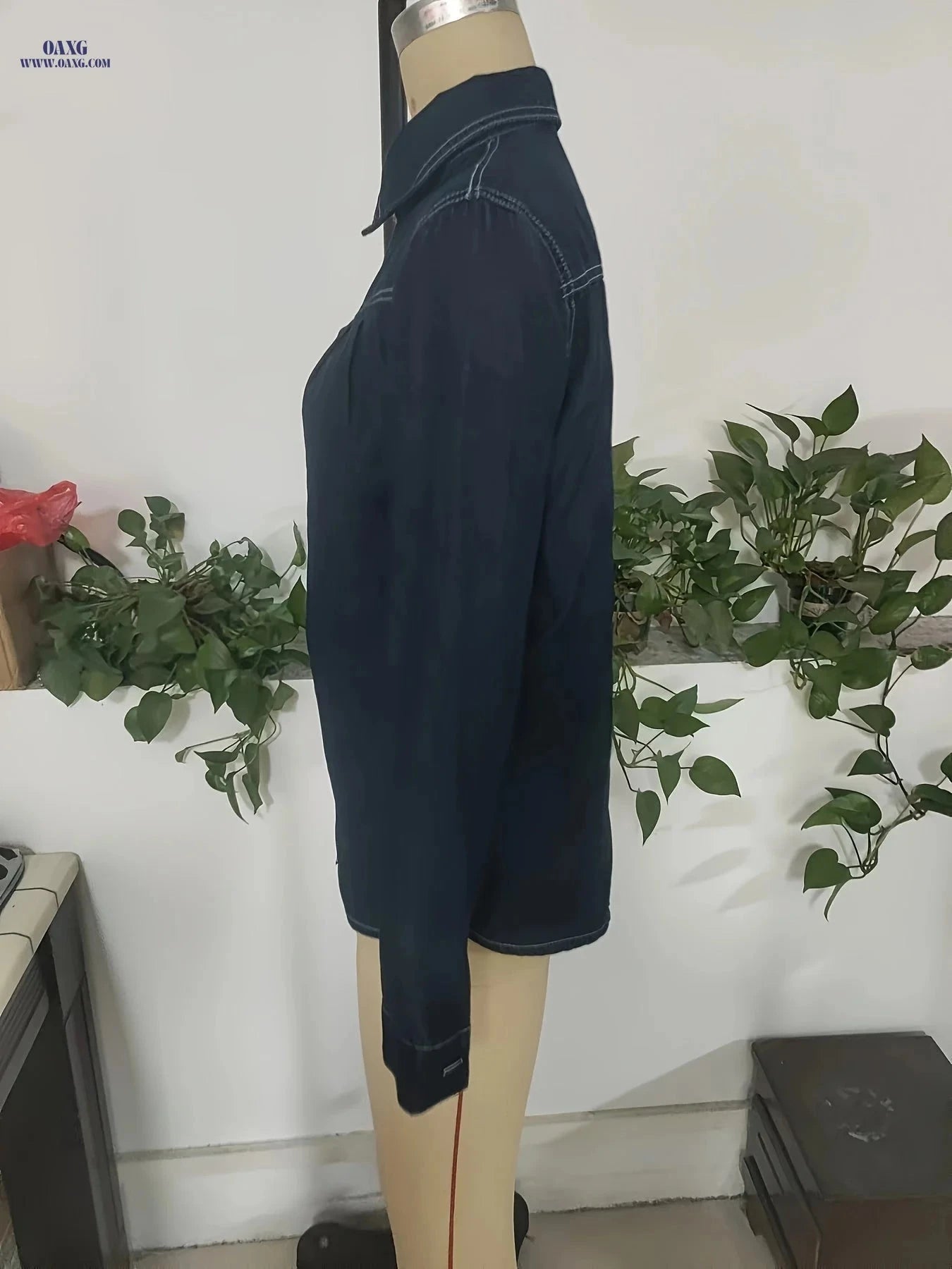 OAXG Women's Denim Jacket Shirt - Elegant Long Sleeve Top for Spring   OAXG 