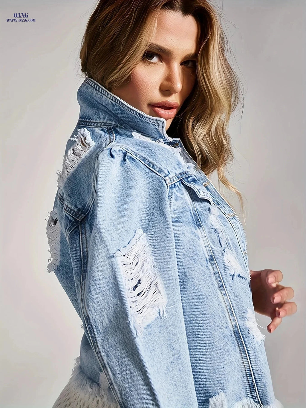 OAXG Women's Denim Jacket - Washed Distressed Style for Fall   OAXG 