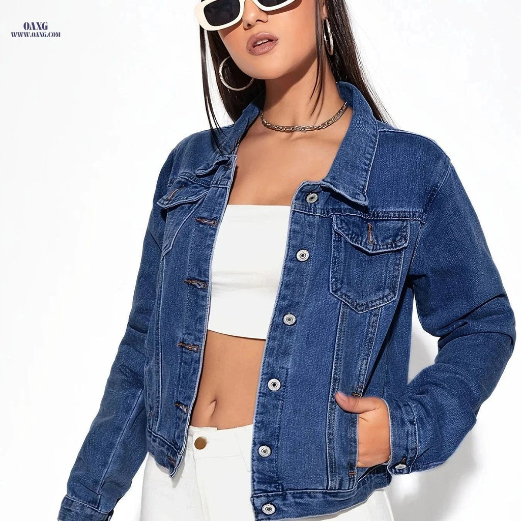 OAXG Women's Denim Jacket with Side Pockets - Regular Fit Style   OAXG Medium Blue / XS