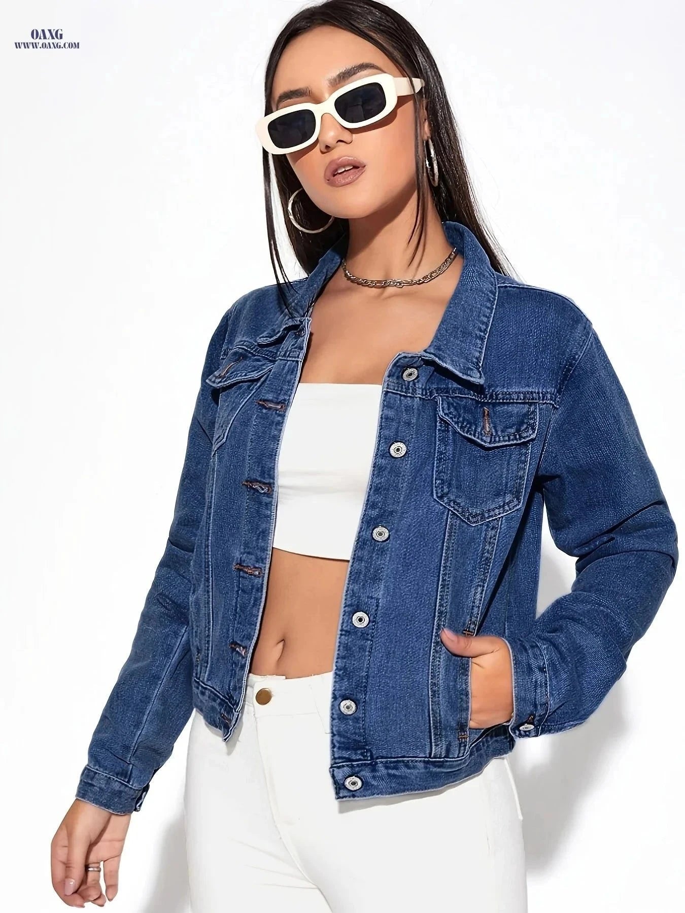 OAXG Women's Denim Jacket with Side Pockets - Regular Fit Style   OAXG Medium Blue / XS