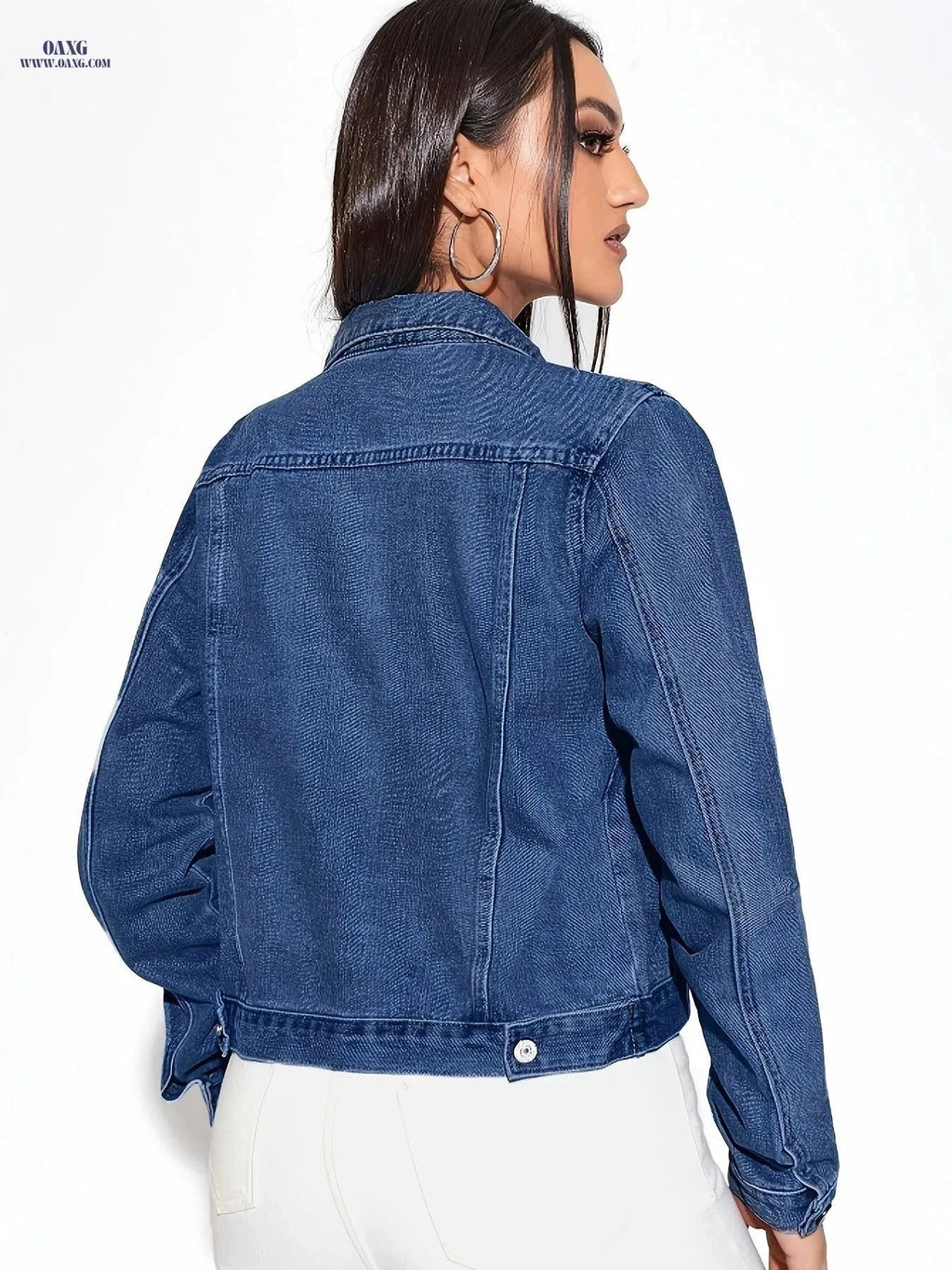 OAXG Women's Denim Jacket with Side Pockets - Regular Fit Style   OAXG Medium Blue / XS