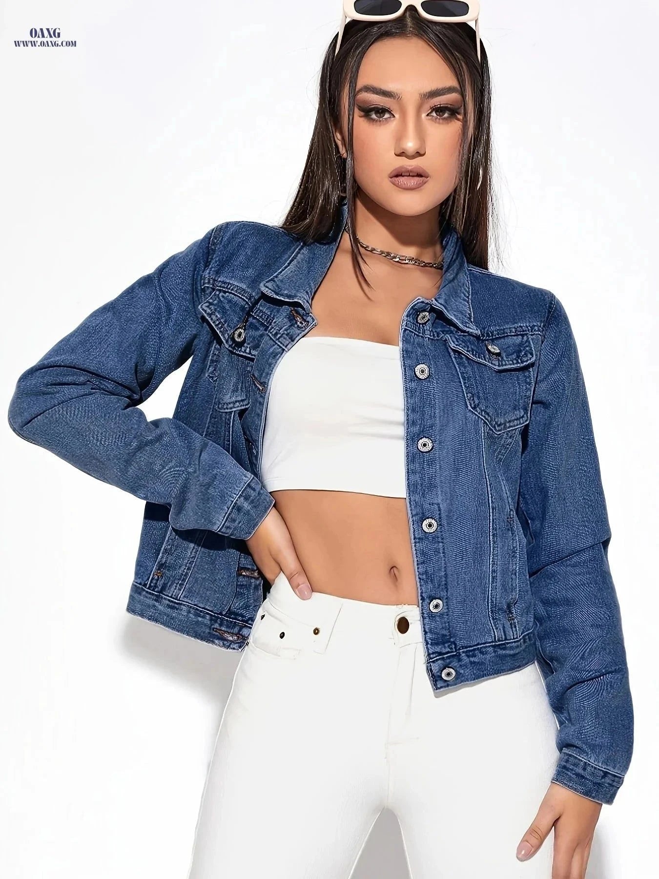 OAXG Women's Denim Jacket with Side Pockets - Regular Fit Style   OAXG Medium Blue / XS