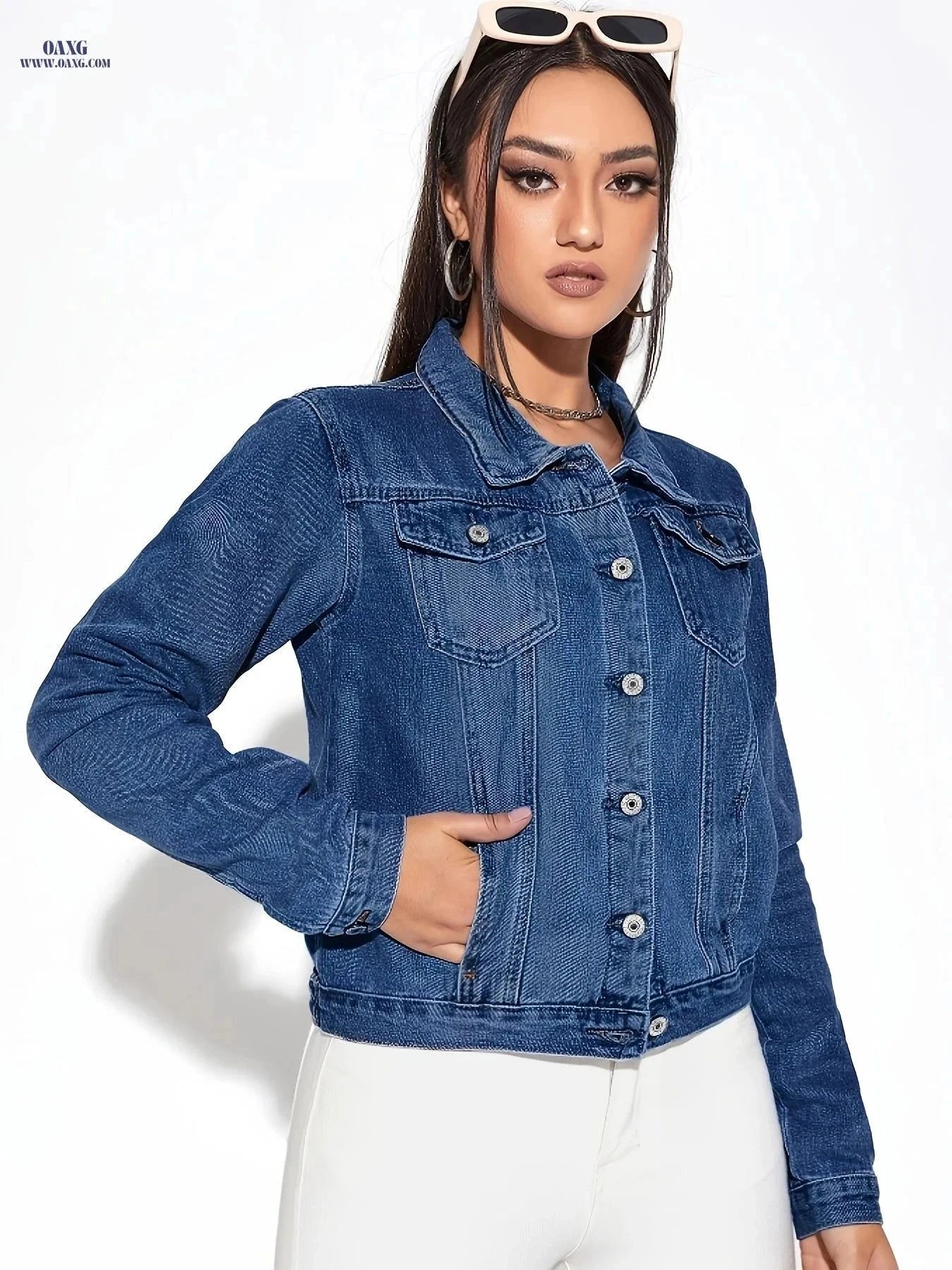 OAXG Women's Denim Jacket with Side Pockets - Regular Fit Style   OAXG Medium Blue / XS