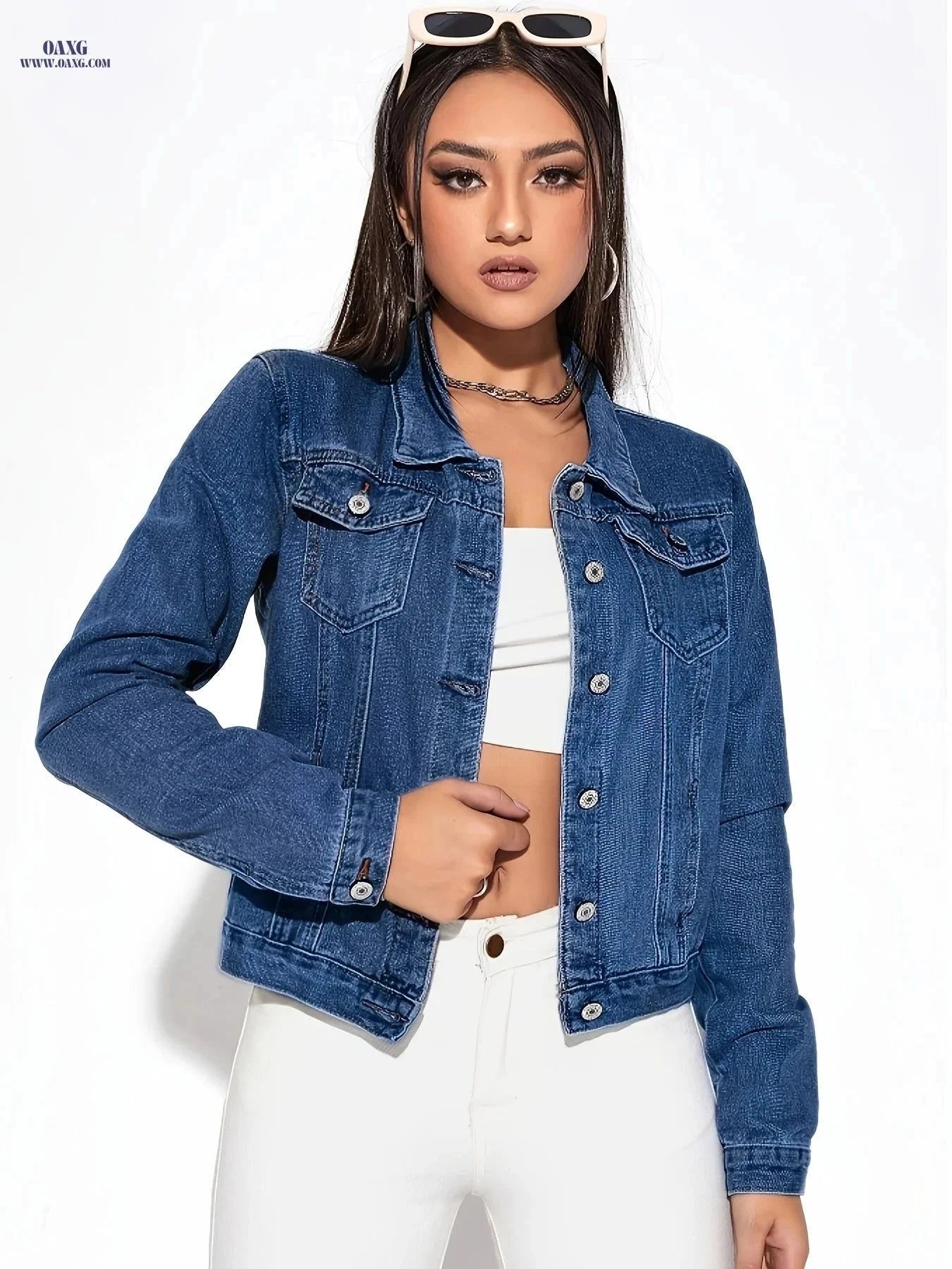 OAXG Women's Denim Jacket with Side Pockets - Regular Fit Style   OAXG Medium Blue / XS