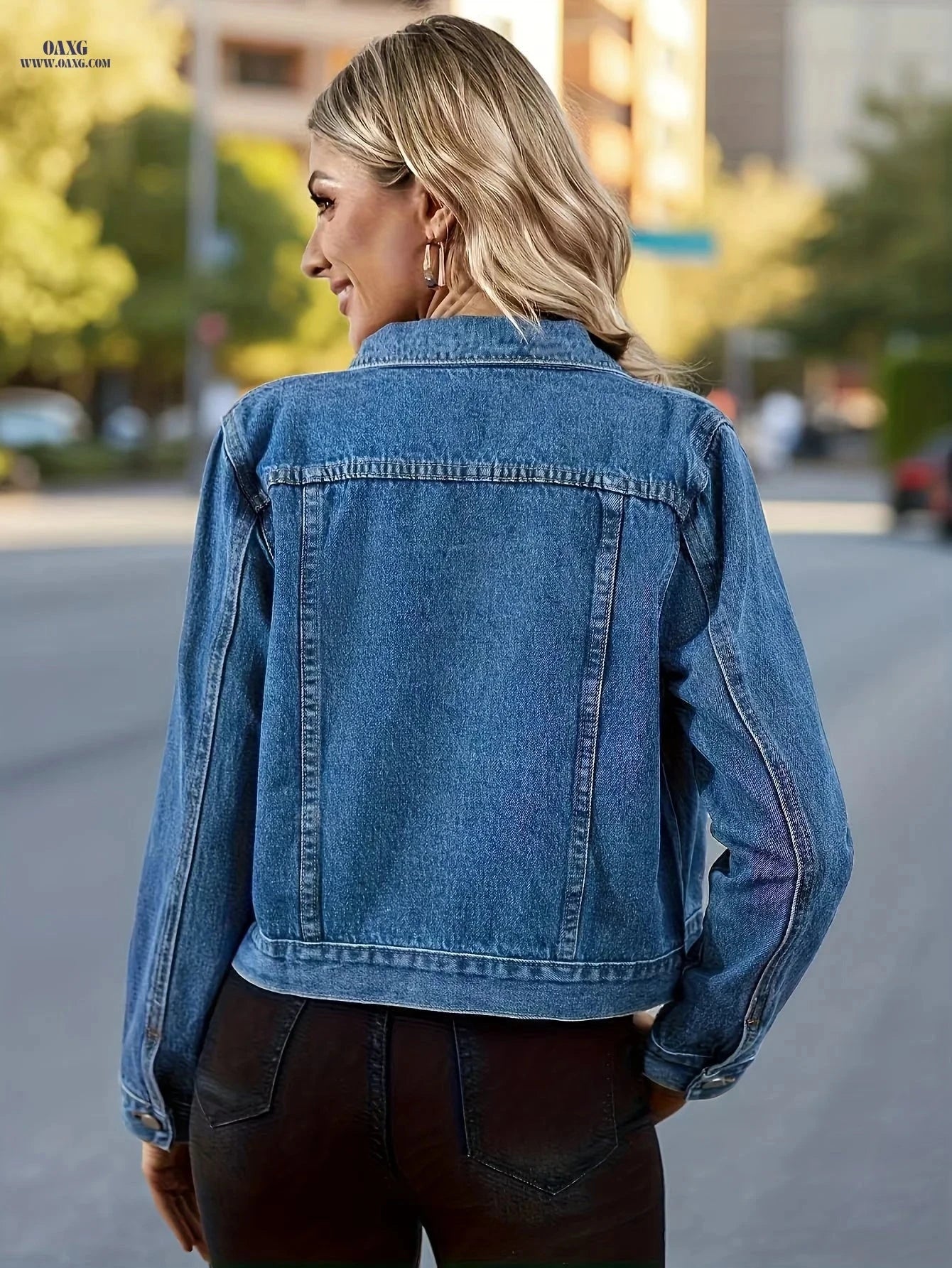 OAXG Women's Denim Short Jacket - Elegant Lapel Style for Spring/Fall   OAXG 