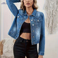 OAXG Women's Denim Short Jacket - Elegant Lapel Style for Spring/Fall   OAXG 