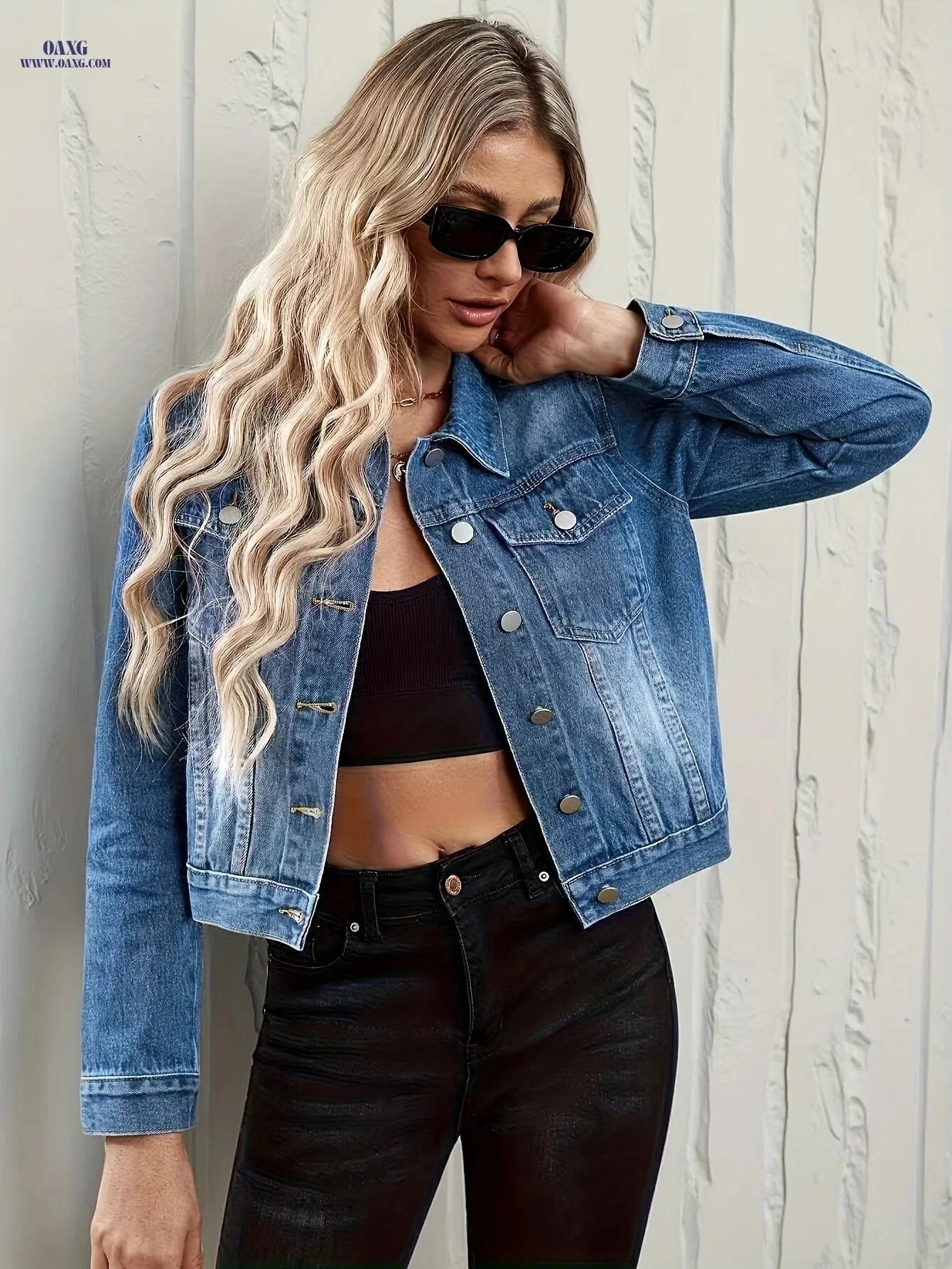 OAXG Women's Denim Short Jacket - Elegant Lapel Style for Spring/Fall   OAXG 
